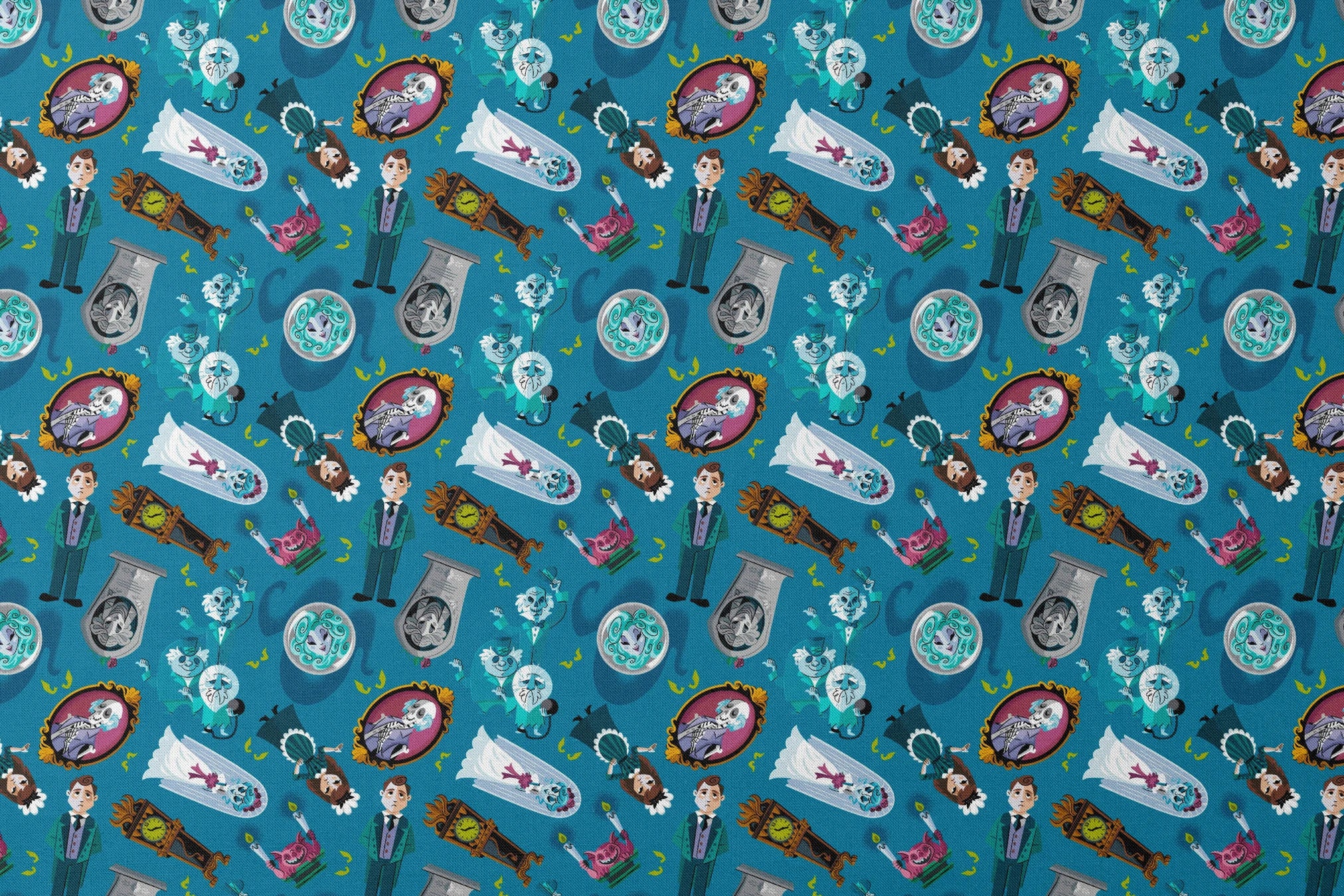Haunted Mansion themed pattern with cartoon ghosts, portraits, coffins, and spooky elements on teal background designs flat mockup