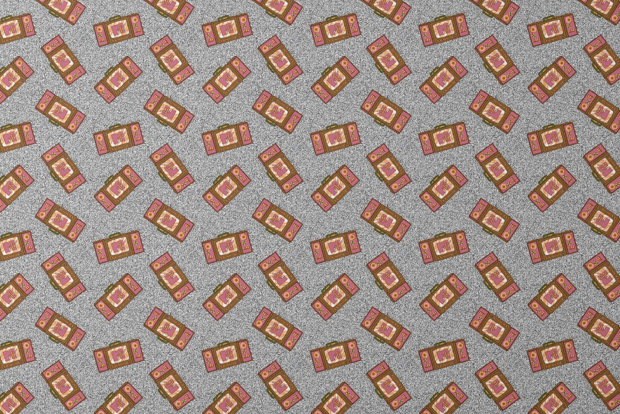 Pink and brown retro televisions with the MTV logo over a grainy gray static background in a scattered repeat. designs flat mockup