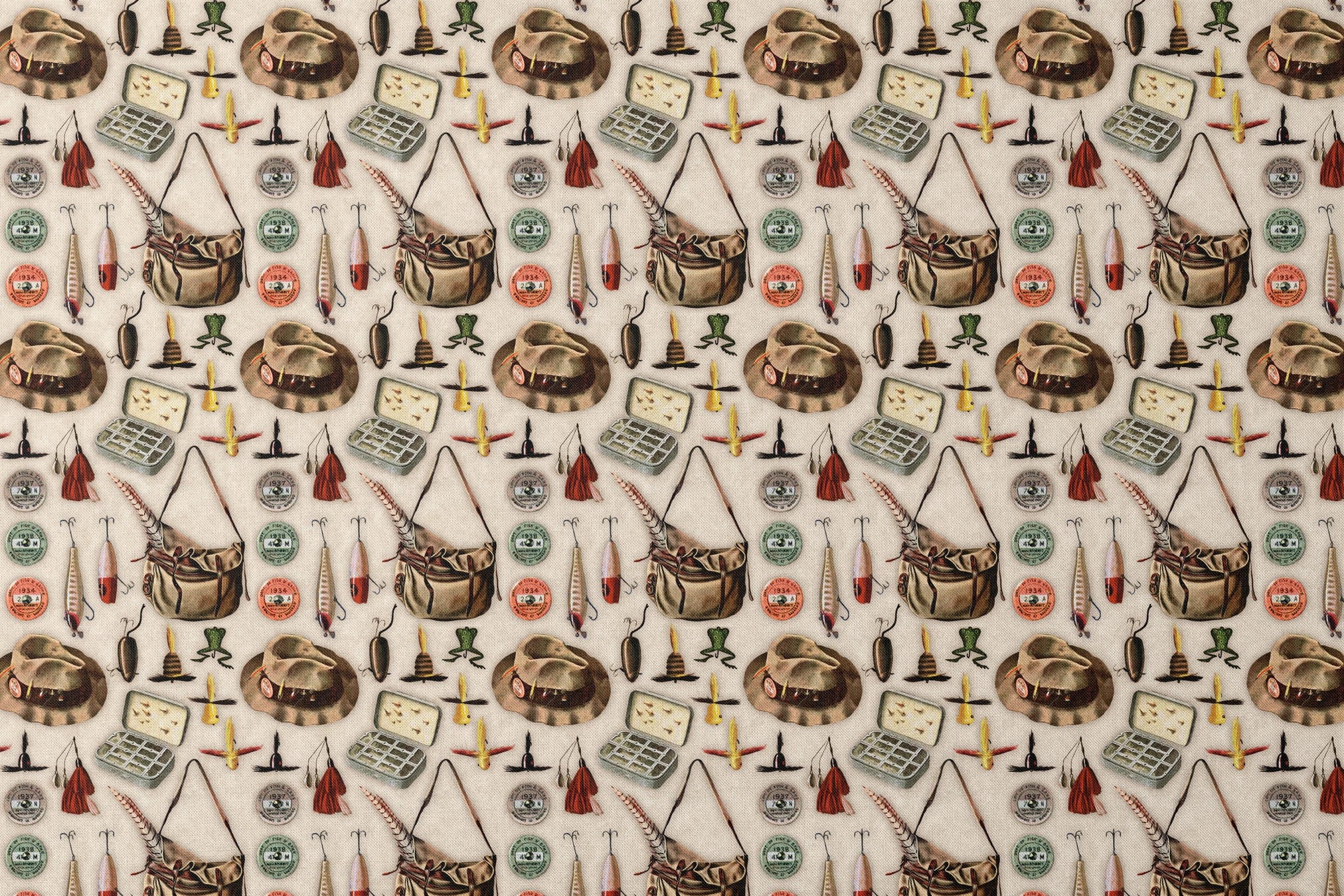 Vintage fishing gear illustration with tackle box, hat, lures, reels, and canvas bag on beige background designs flat mockup
