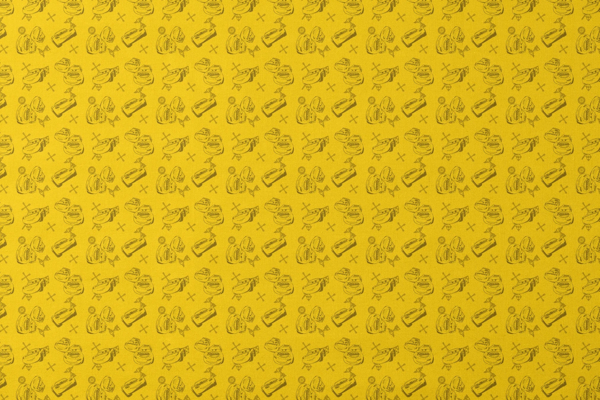 Yellow background with cartoon race cars, tires, and tool icons in a repeating pattern design designs flat mockup
