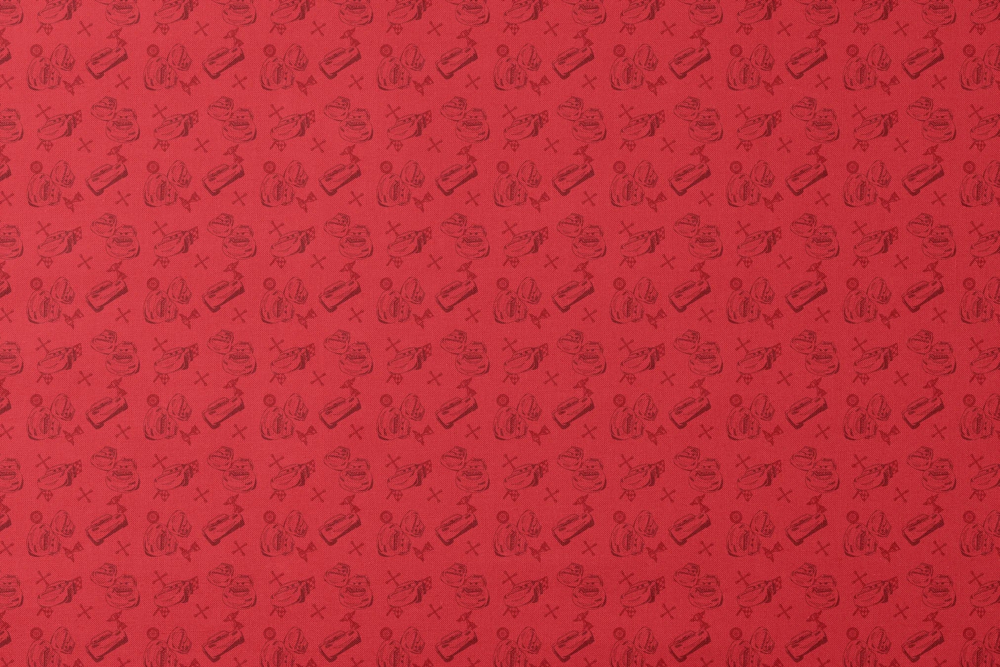 Red background with hand-drawn cartoon cars, tires, and tools in a repeating pattern designs flat mockup