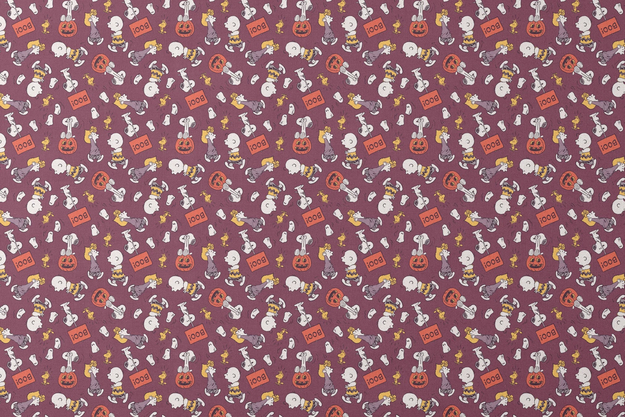 Snoopy and Woodstock Halloween pattern on purple background with pumpkins, ghosts, and "boo!" text designs flat mockup