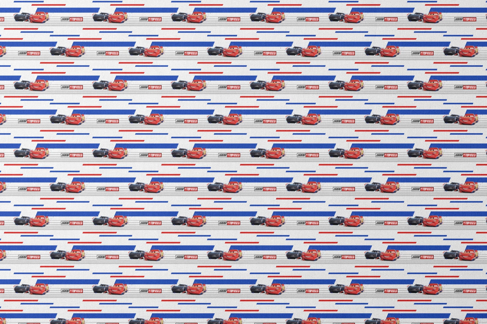 Red and black race cars from Disney Pixar's Cars movie on striped blue, white, and red background with XSpeed logo designs flat mockup