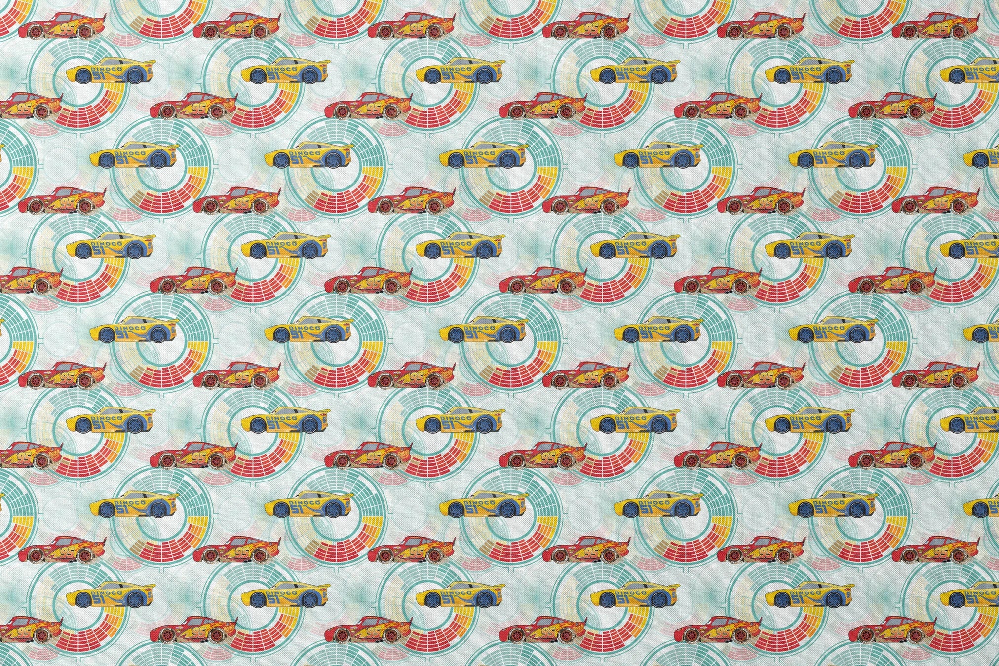 Colorful Disney Pixar Cars racing in red and yellow on a light blue background with circular patterns designs flat mockup