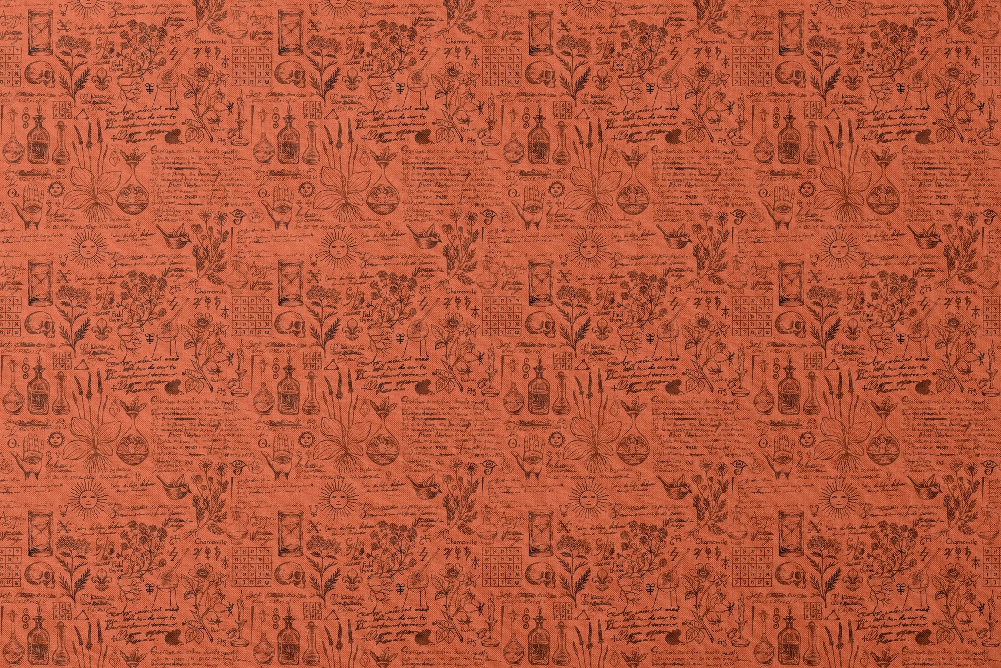Red-orange Halloween background with vintage alchemical drawings, botanical sketches, symbols, handwritten notes, and mystical elements arranged like an ancient manuscript page. designs flat mockup