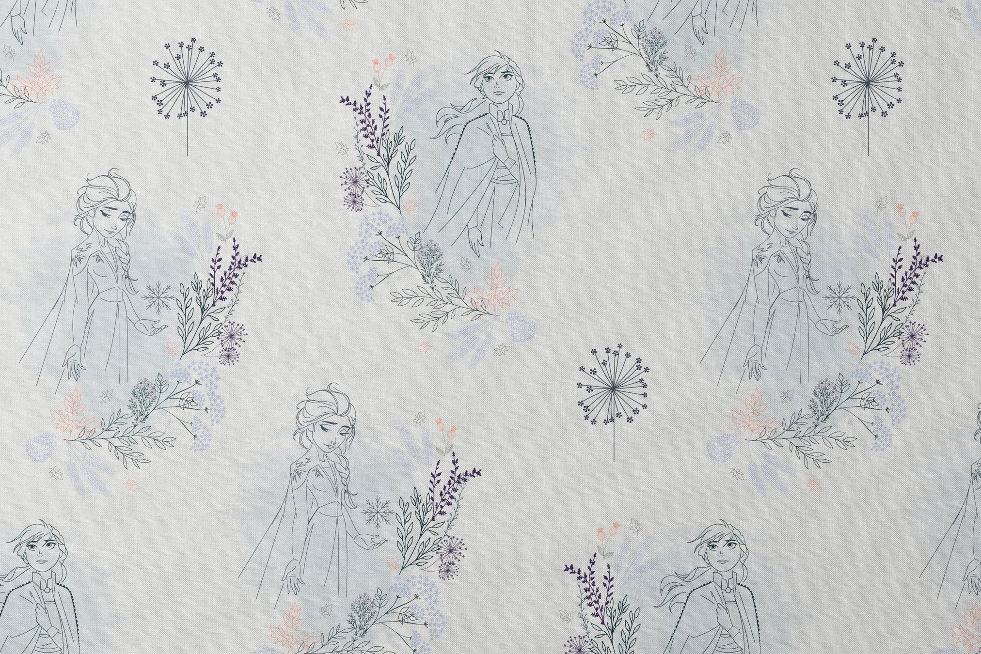 Delicate blue pattern featuring Frozen's Elsa and Anna surrounded by floral elements and dandelions on a light background designs flat mockup