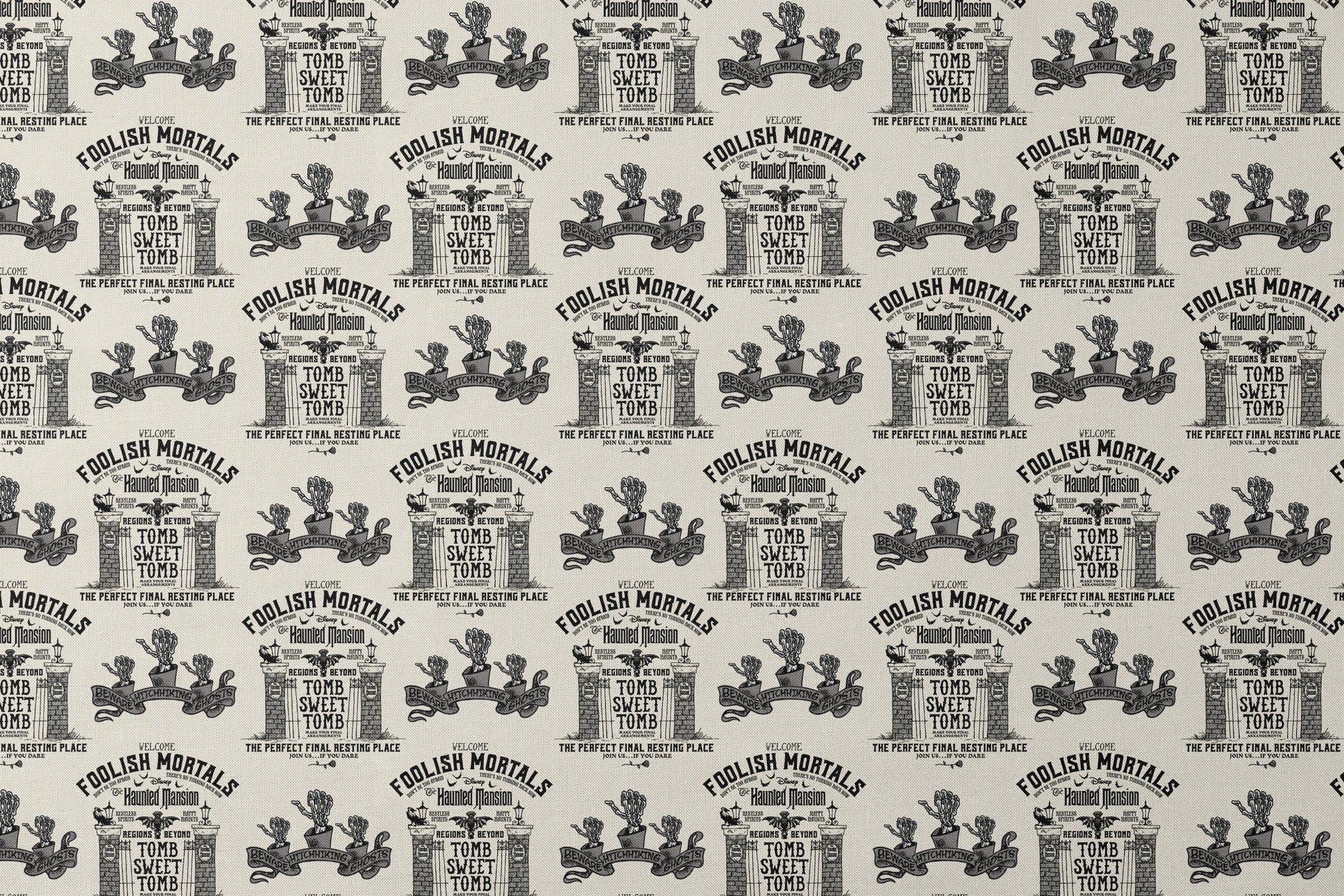Repeating pattern of "Foolish Mortals" Haunted Mansion signage with ornate tomb designs in vintage black and cream style designs flat mockup