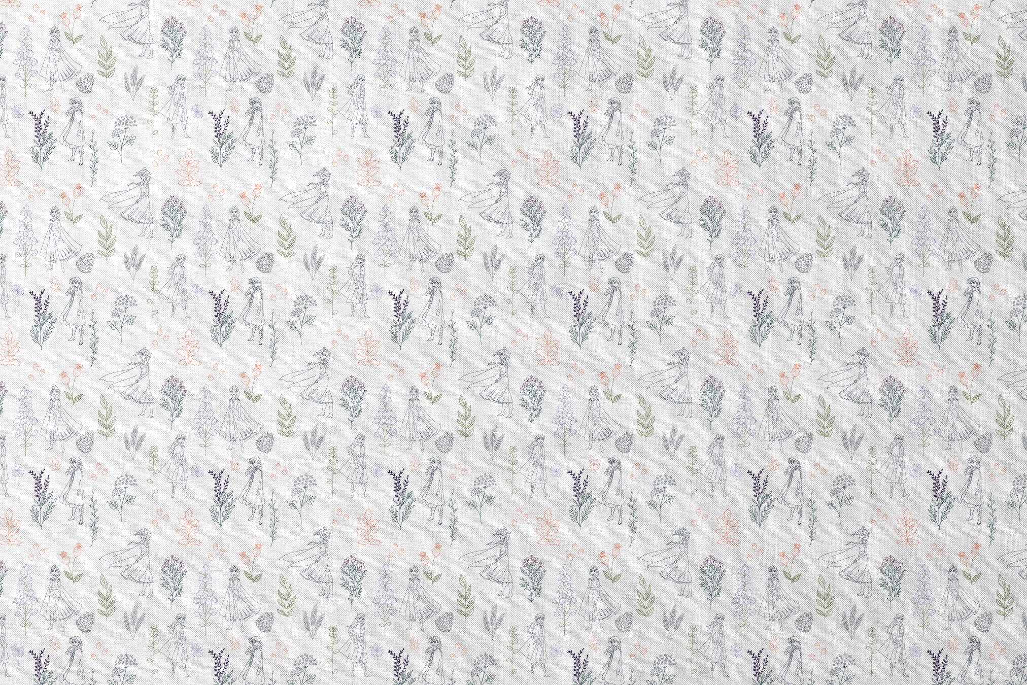 Delicate line drawing pattern of Elsa and Anna among botanical illustrations and flowers in soft colors designs flat mockup