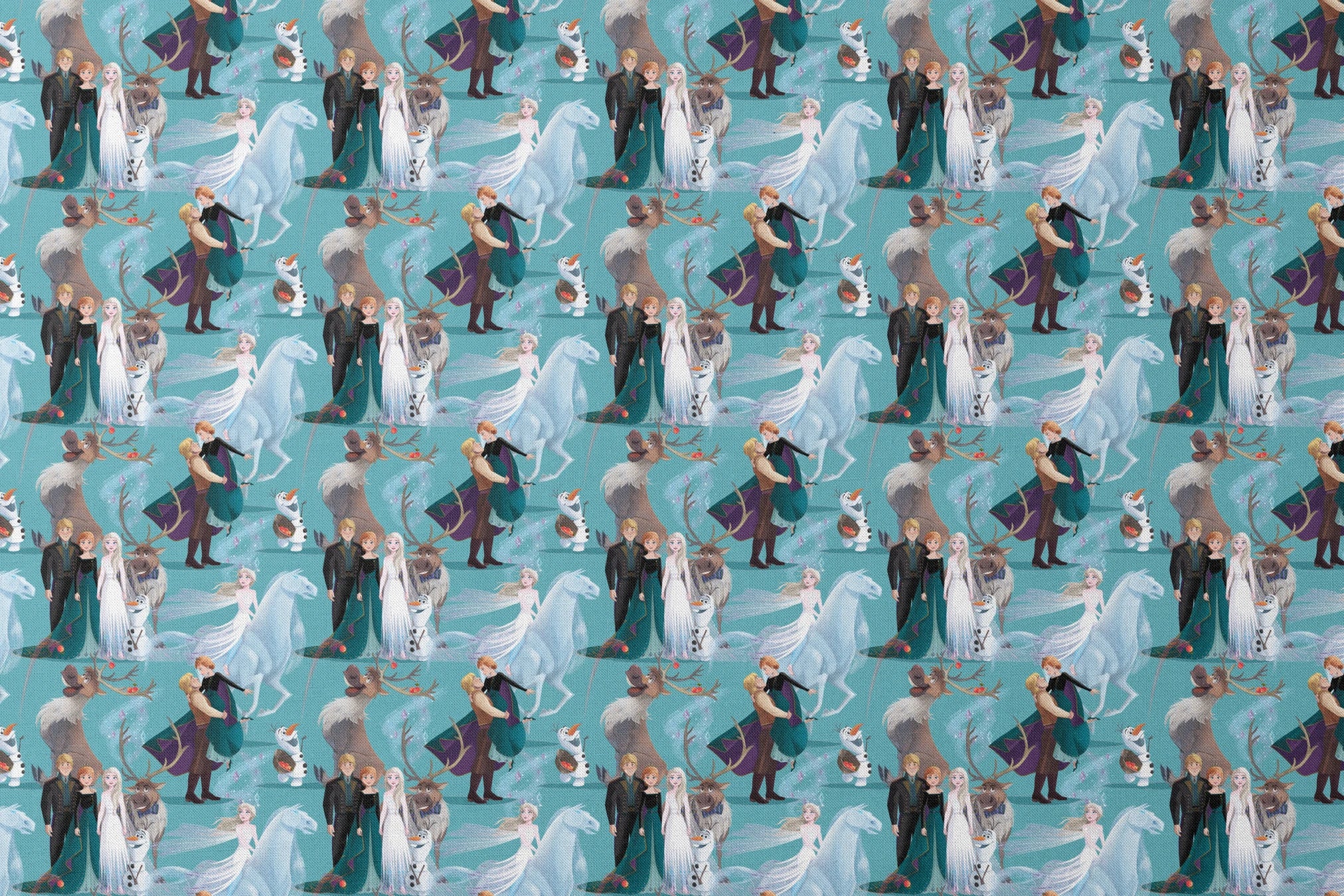 Characters from Frozen movie including Elsa, Olaf, Sven and others on turquoise background designs flat mockup
