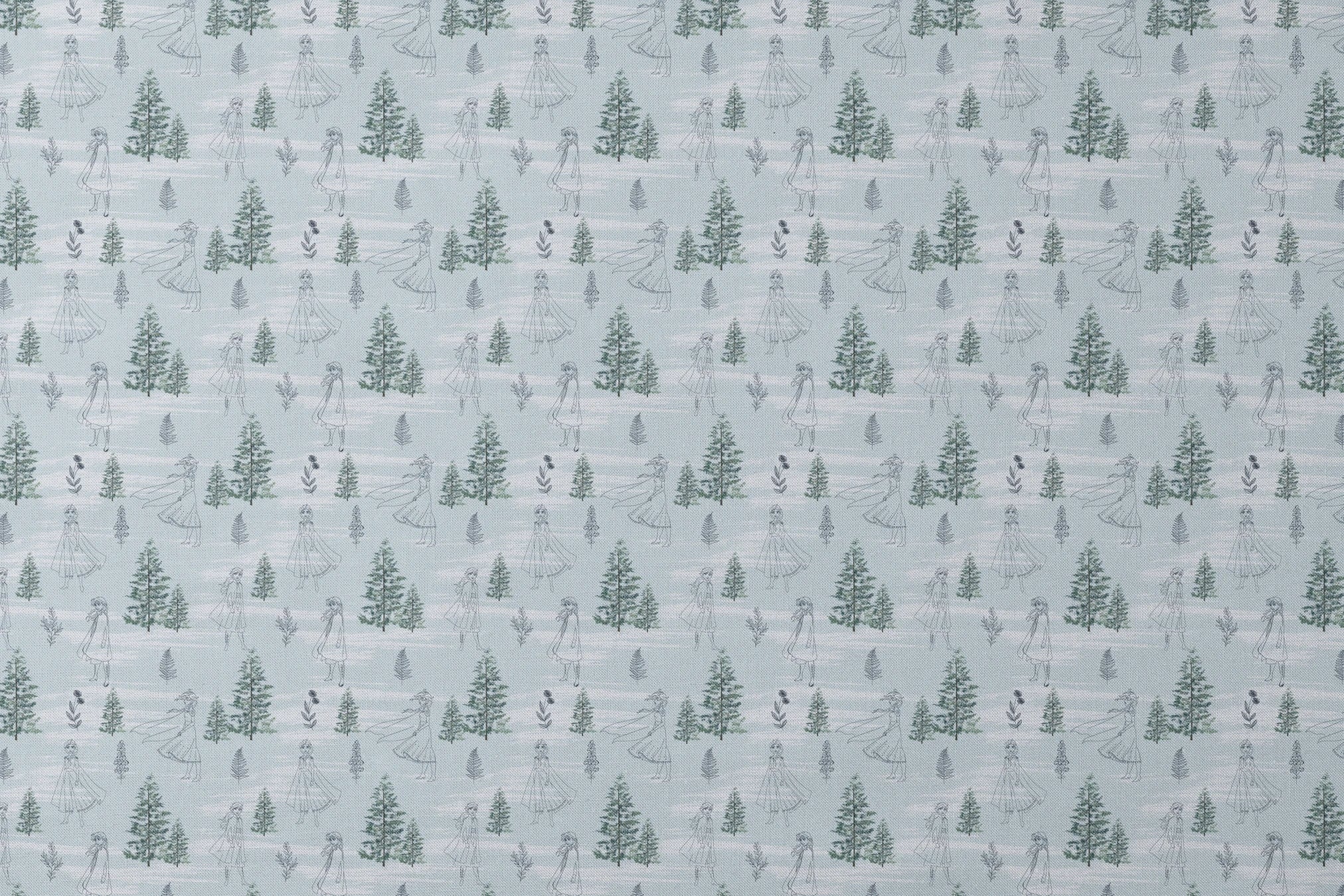 Pale blue pattern with delicate line drawings of pine trees, Elsa, and Anna across a wintry landscape designs flat mockup