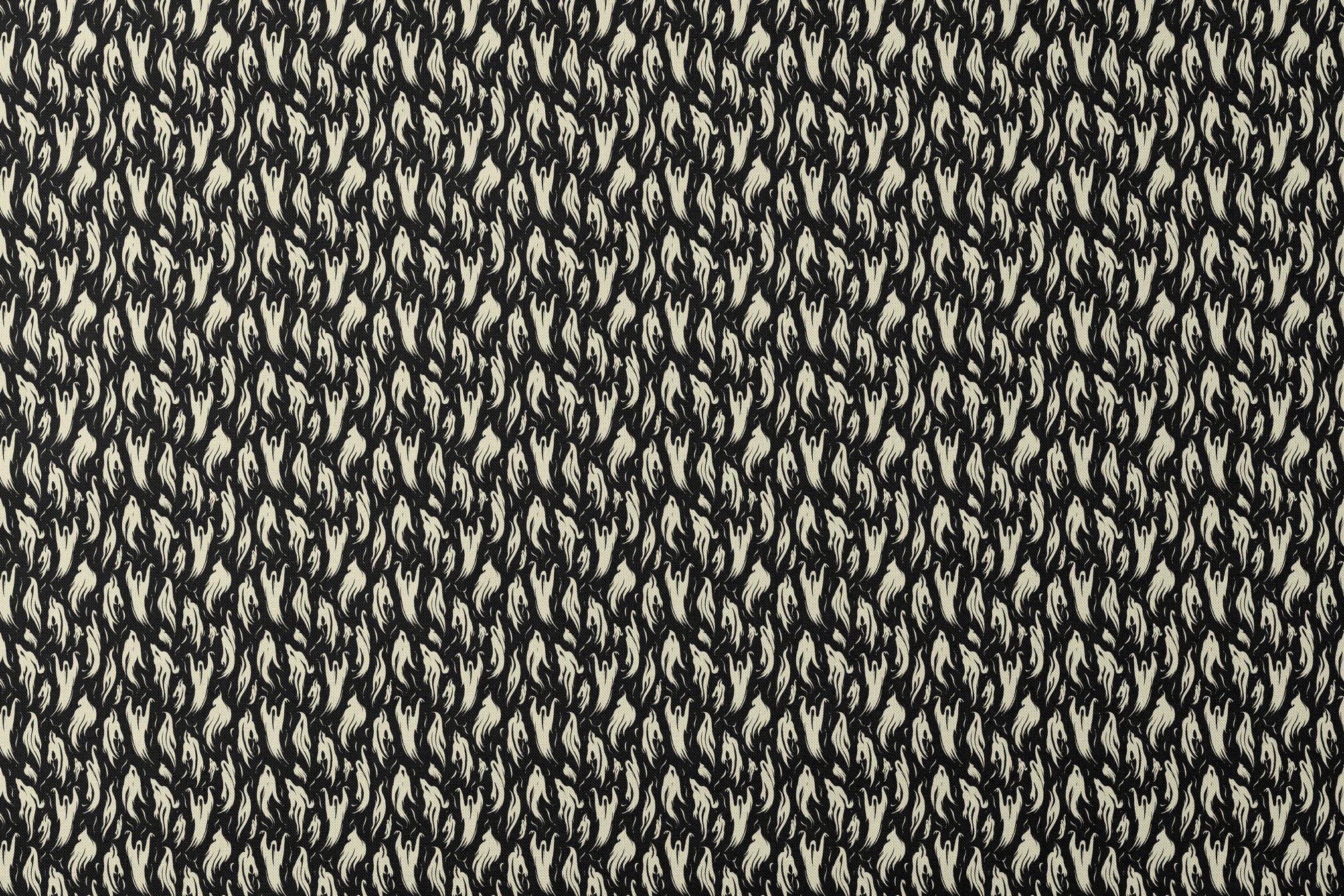 Abstract ghost-like shapes in pale cream swirling against a black background in a repeating pattern designs flat mockup