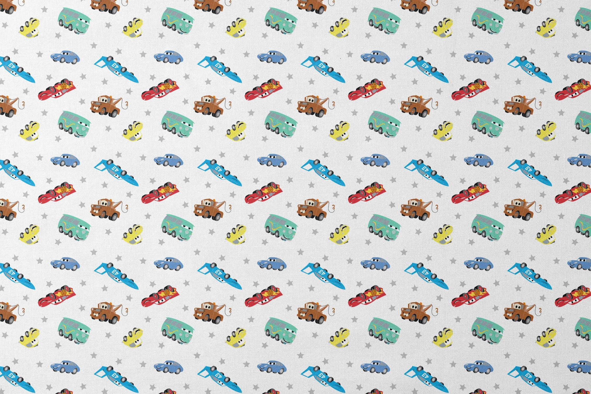 Cartoon vehicles pattern with colorful cars, trucks, and racing cars on white background with gray stars designs flat mockup