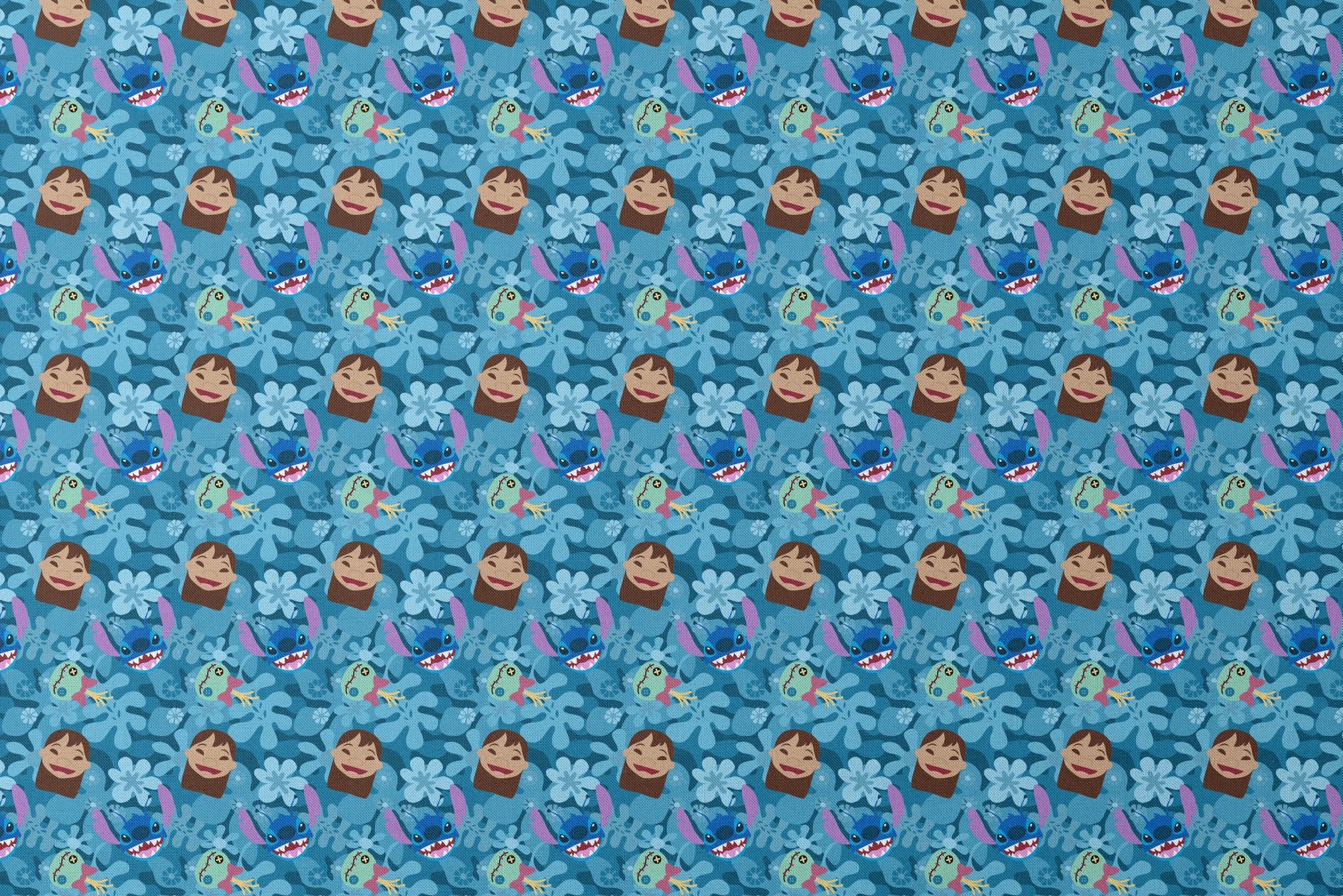 Disney's Stitch among floral elements and smiling faces on turquoise background designs flat mockup