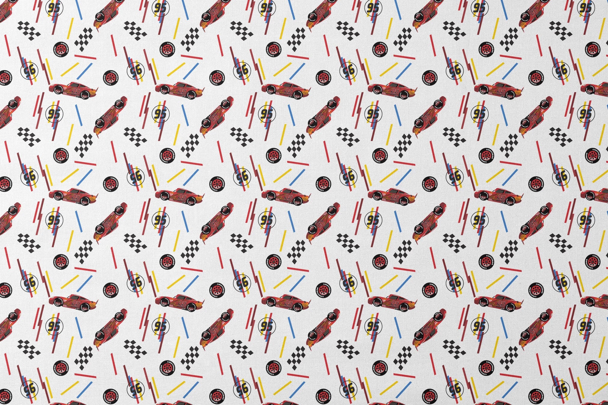 Racing car pattern with red toy cars, checkered flags, number 95 emblems, and colorful lines on white background designs flat mockup