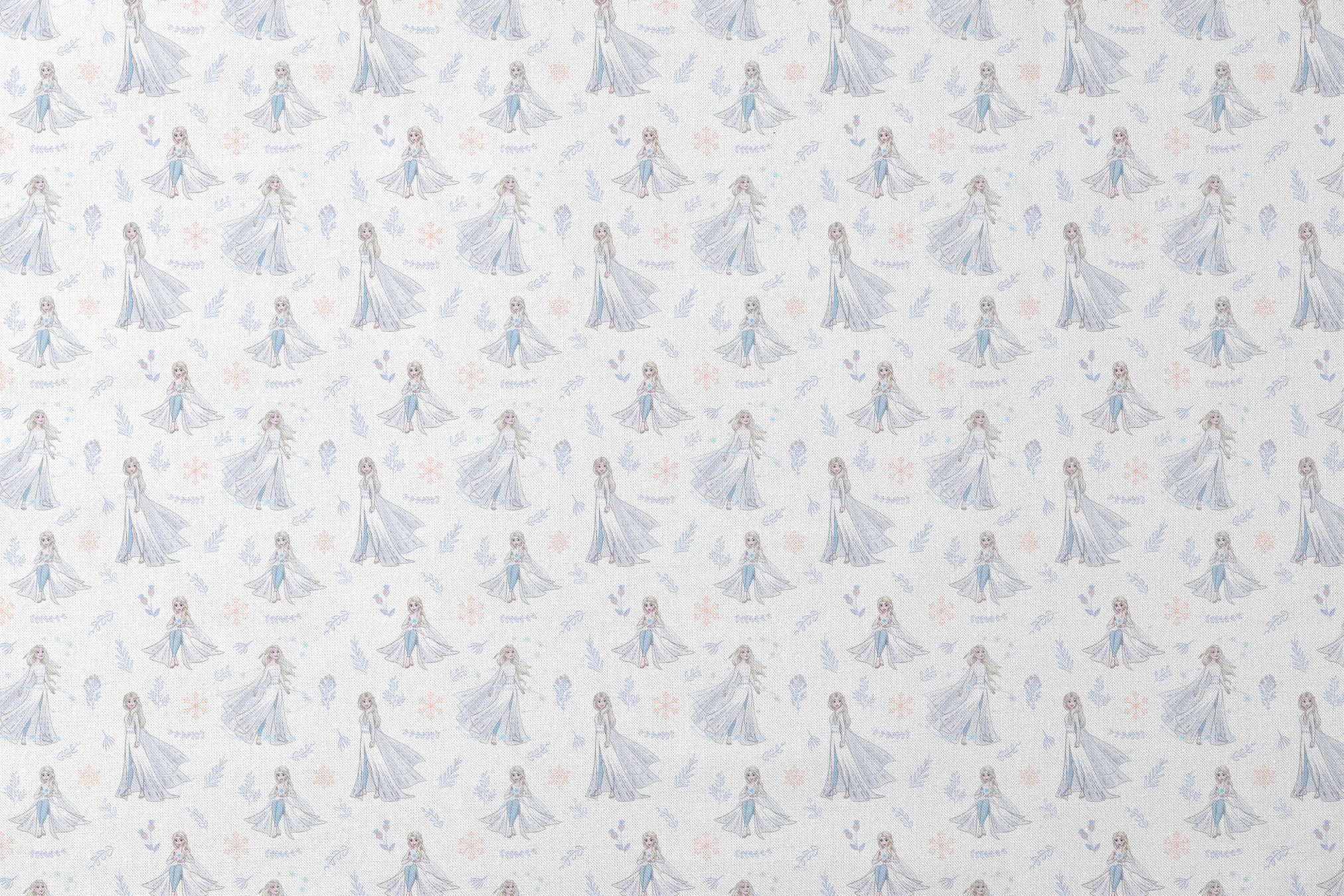 The image shows a decorative pattern featuringFrozen's Elsa, surrounded by delicate snowflakes, leaves, and floral elements in soft pastel colors on a light background. designs flat mockup