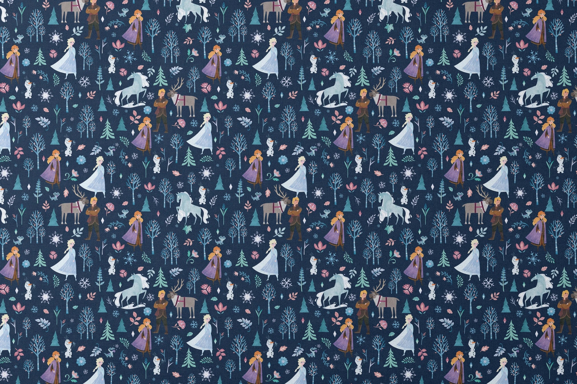 Illustrated Frozen pattern with Elsa, Anna, & friends, and floral elements on dark blue background designs flat mockup