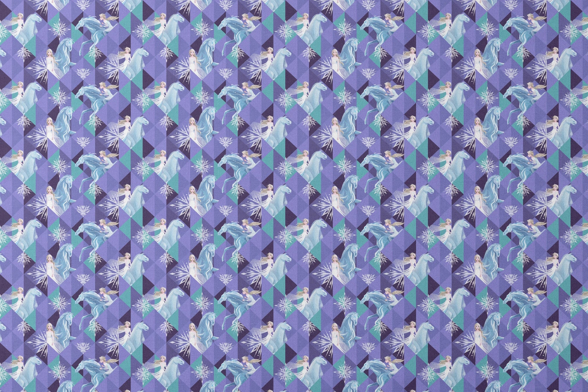 Disney's Frozen pattern with Elsa on horses against purple geometric background with snowflakes designs flat mockup