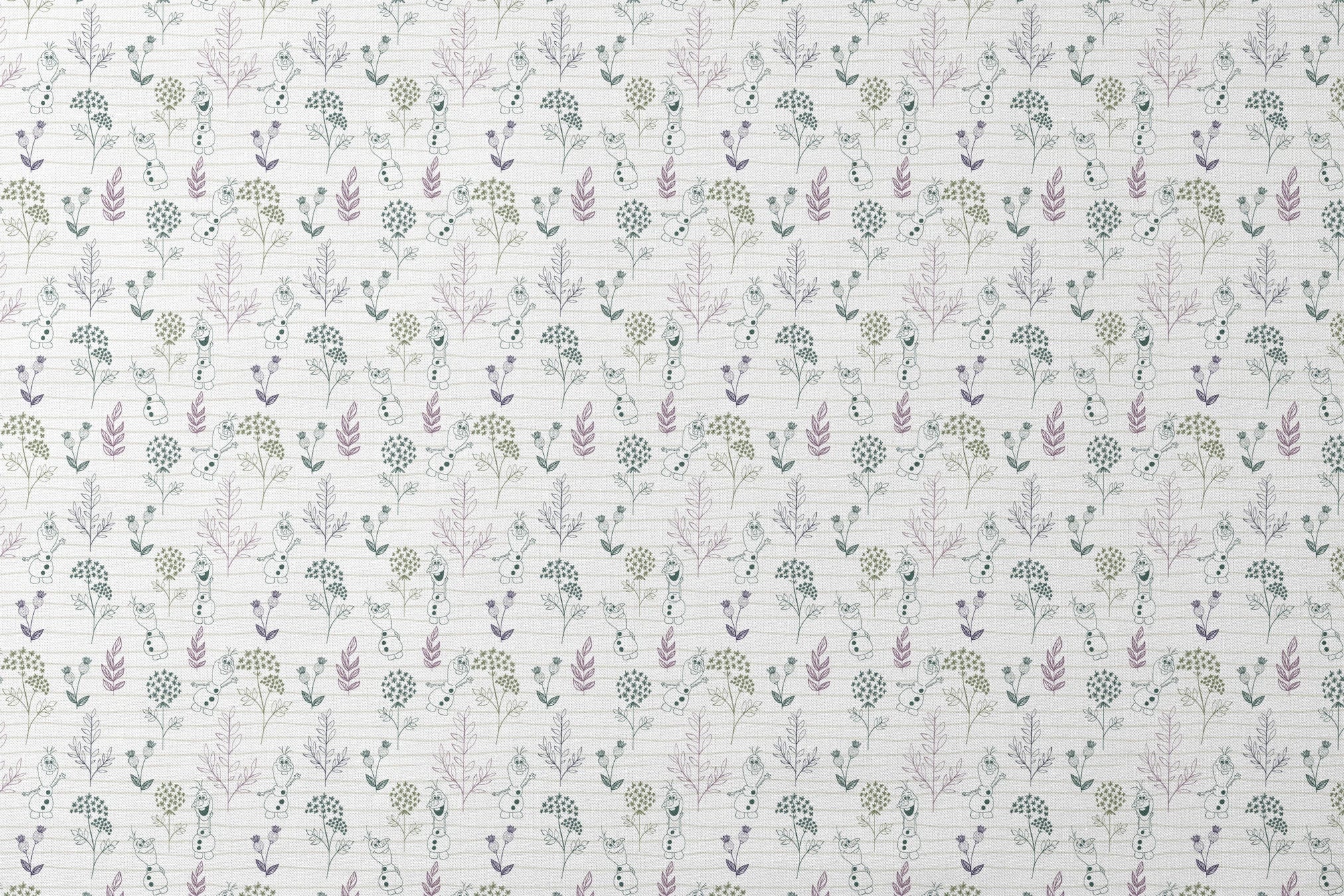 Pattern of sketched botanical elements, flowers, and Olaf on a lined background in soft greens and purples designs flat mockup