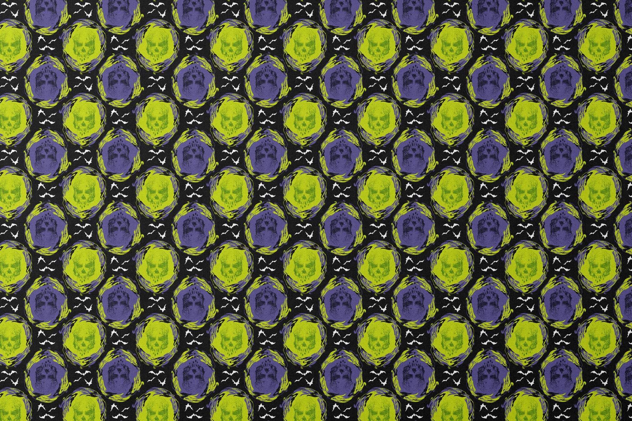 Repeating pattern of neon green and purple skulls with swirling effects on black background with white bats designs flat mockup