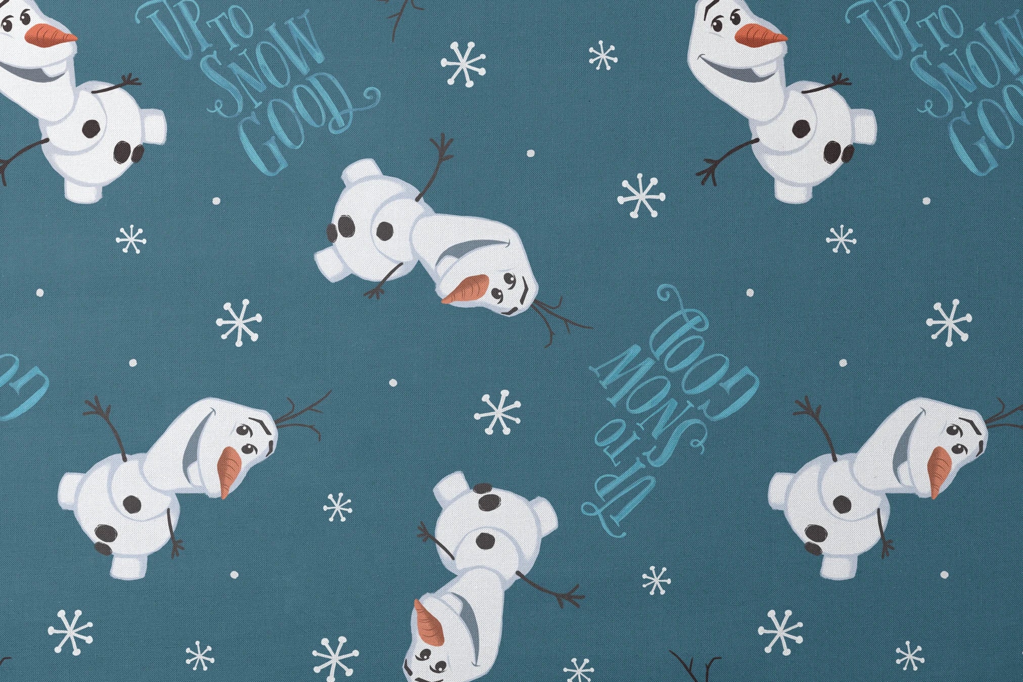 Playful Olaf  pattern with "Let It Snow" text on teal background with snowflakes designs flat mockup