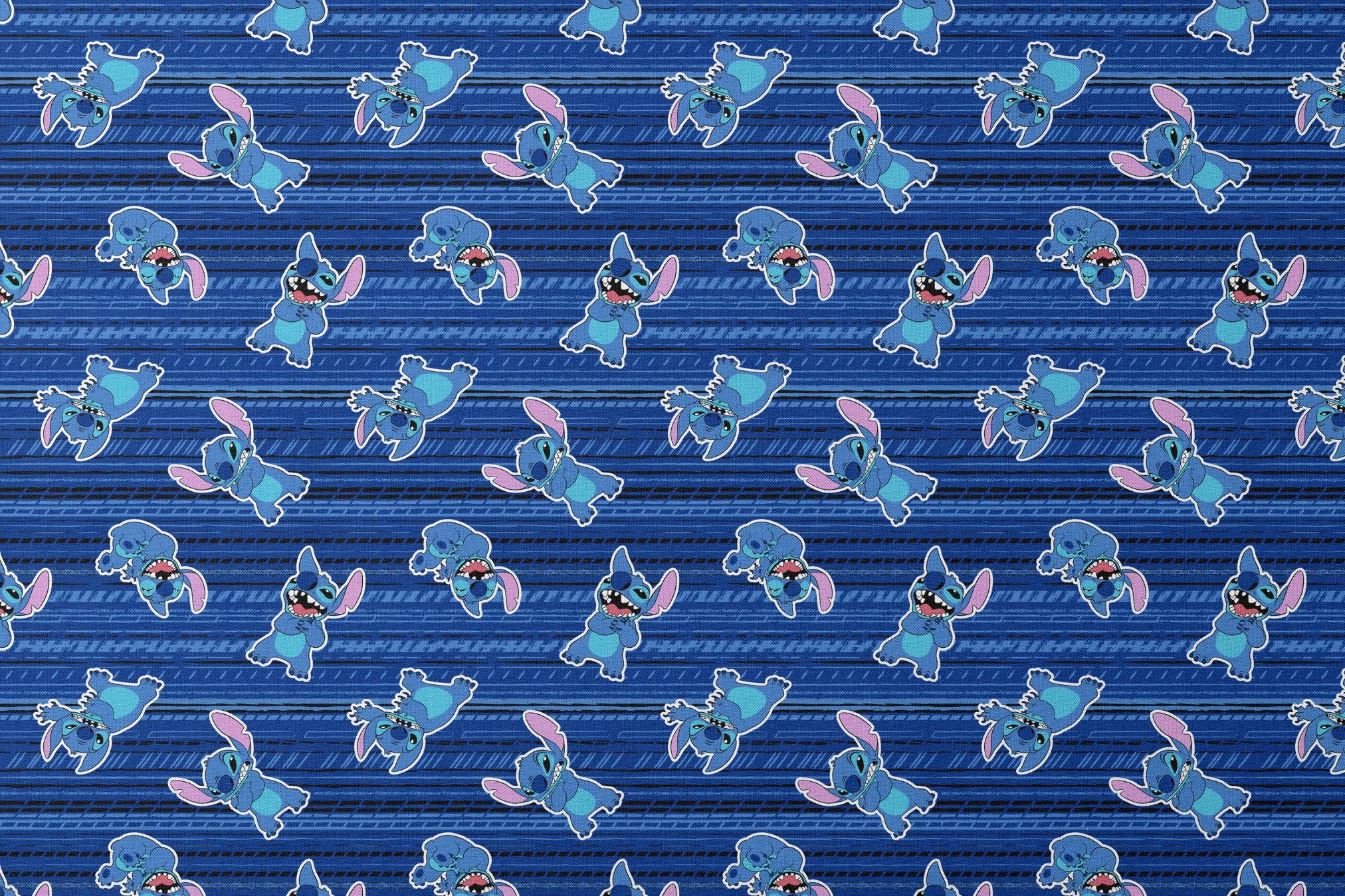 Blue background with Disney Stitch characters in various playful poses, featuring blue fur and pink ears designs flat mockup
