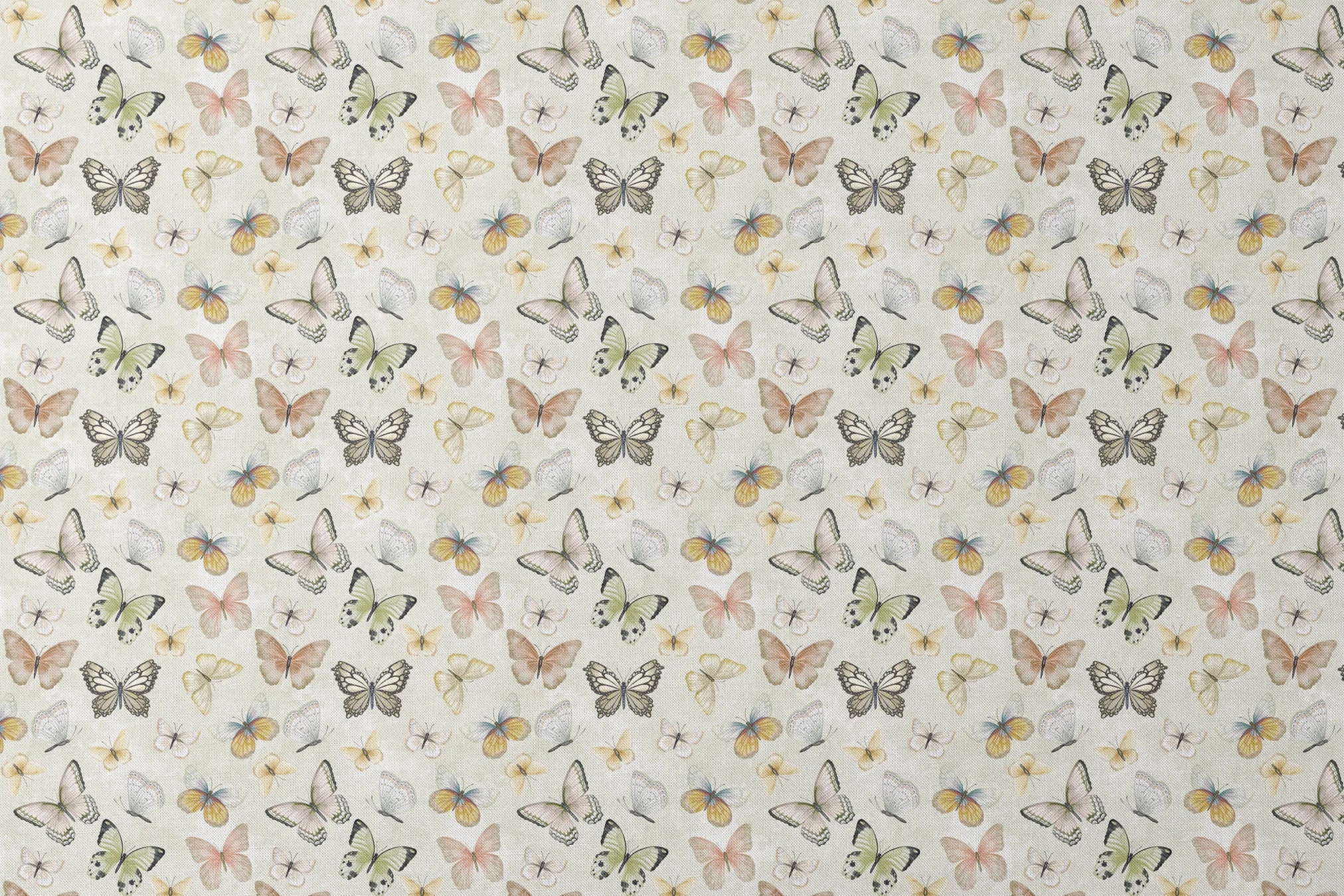 Hand-illustrated pastel butterflies in pink, blue, yellow, and sage on a cream background in a botanical-style Nicole Tamarin design. designs flat mockup