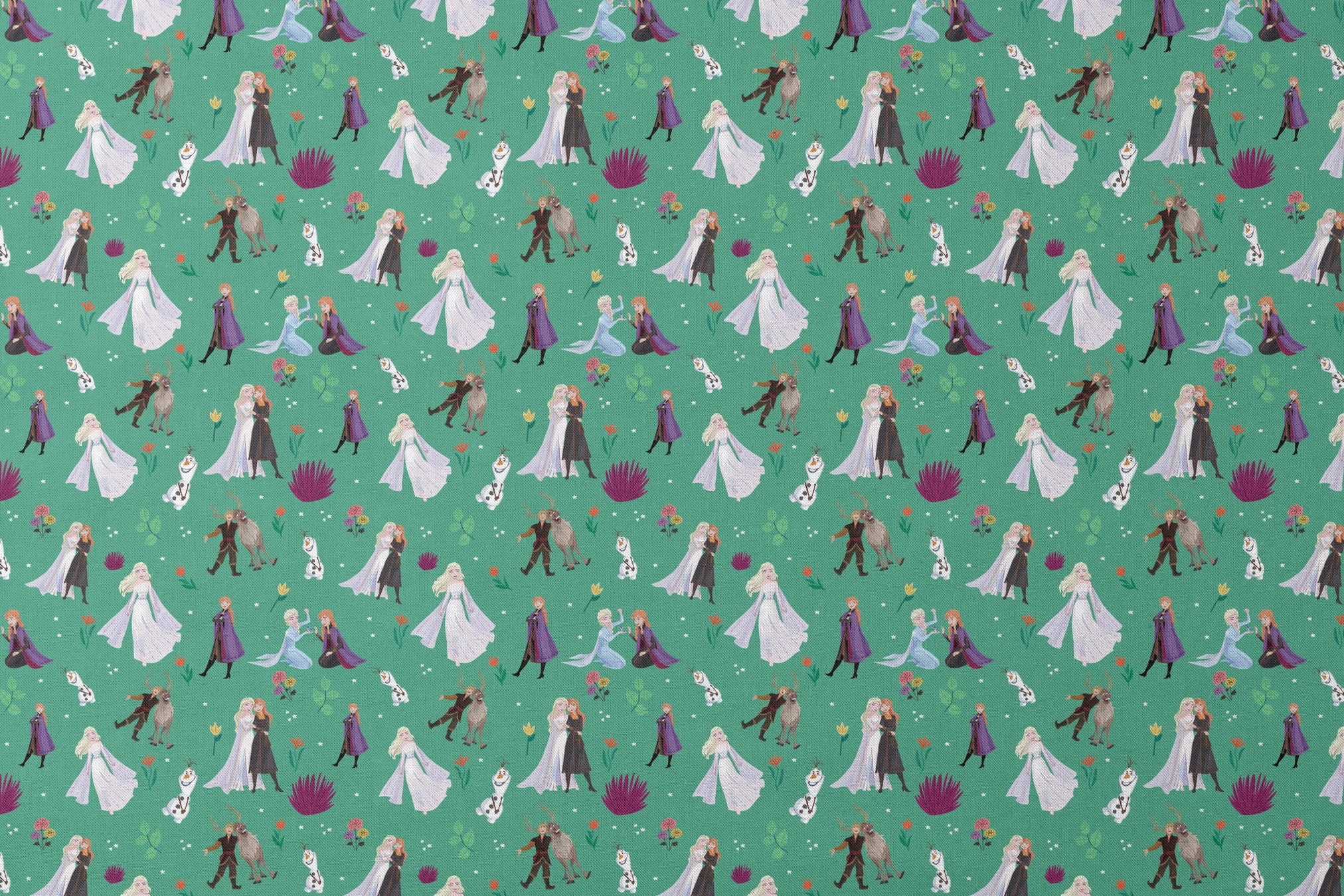 Pattern of animated characters from Frozen including Olaf the snowman, characters in formal attire, and colorful flowers on a green background. designs flat mockup