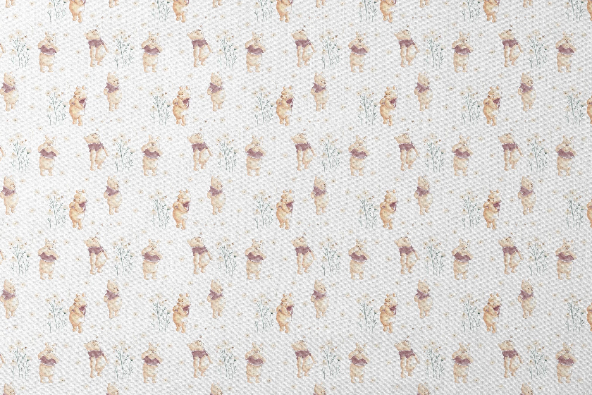 Winnie the Pooh pattern with cartoon bear in red shirt amid delicate white flowers designs flat mockup