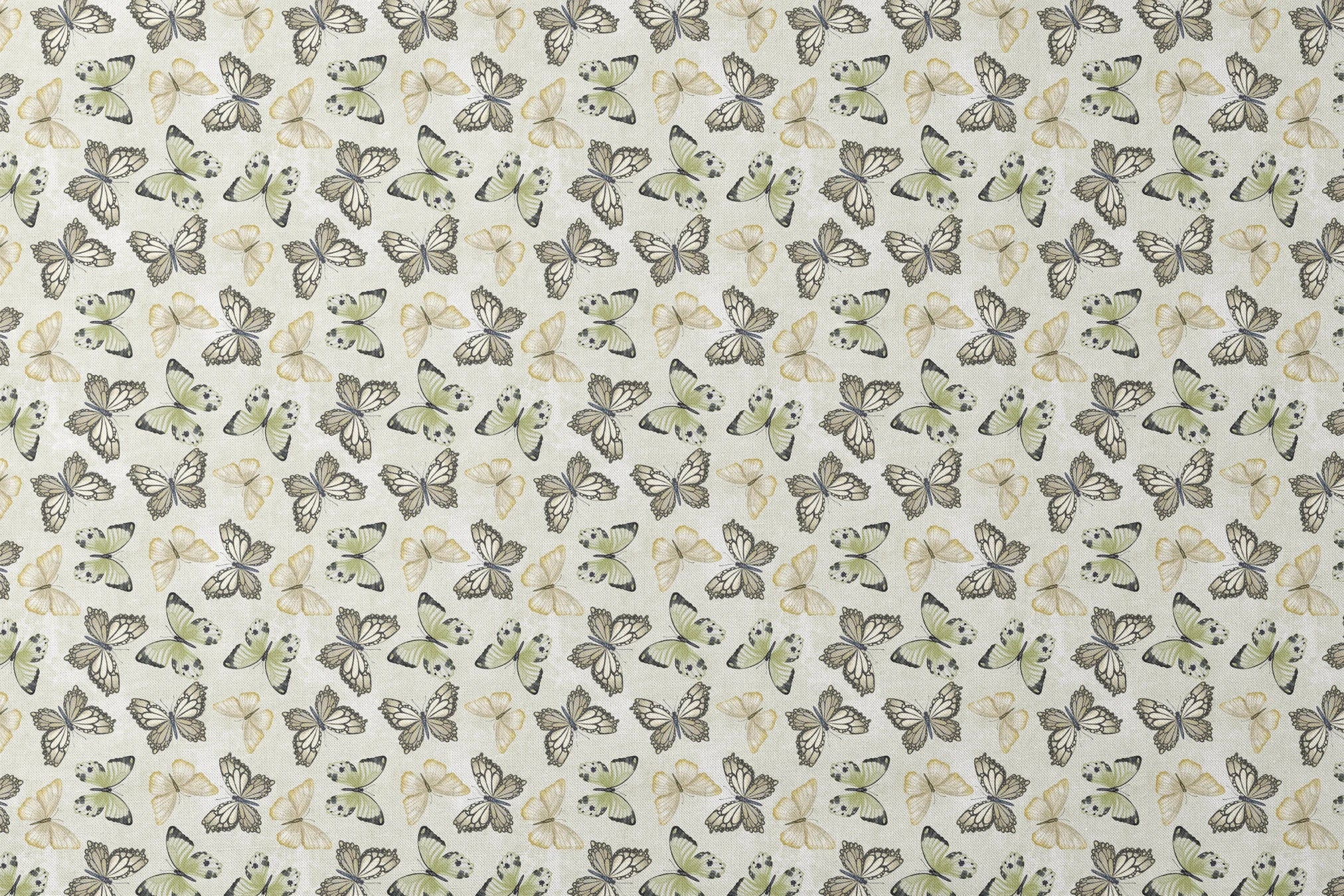 Illustrated butterfly pattern by Nicole Tamarin with soft sage green and neutral tones on a textured cream background. designs flat mockup