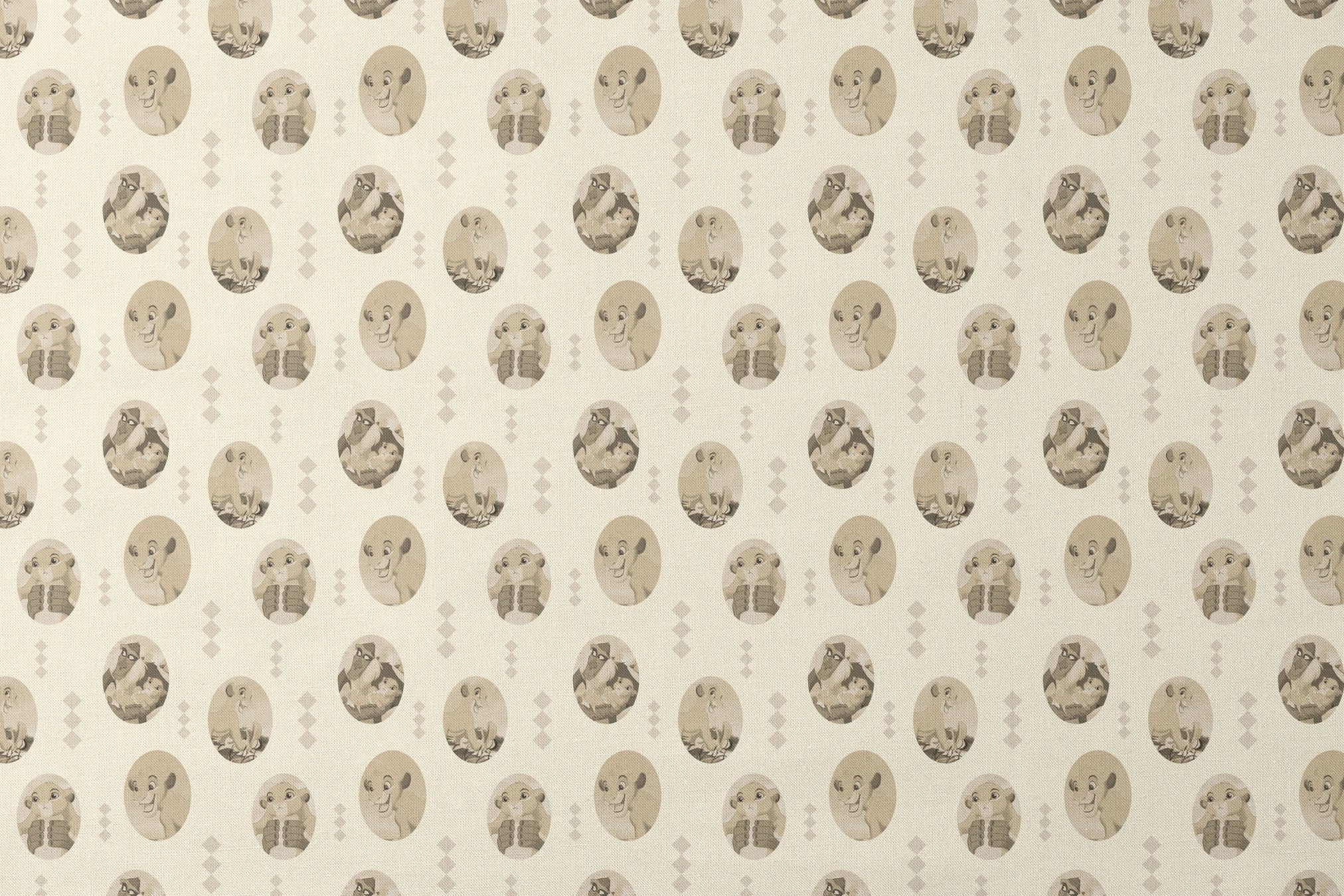 Lion King characters in sepia tone portraits on cream background with diamond pattern designs flat mockup