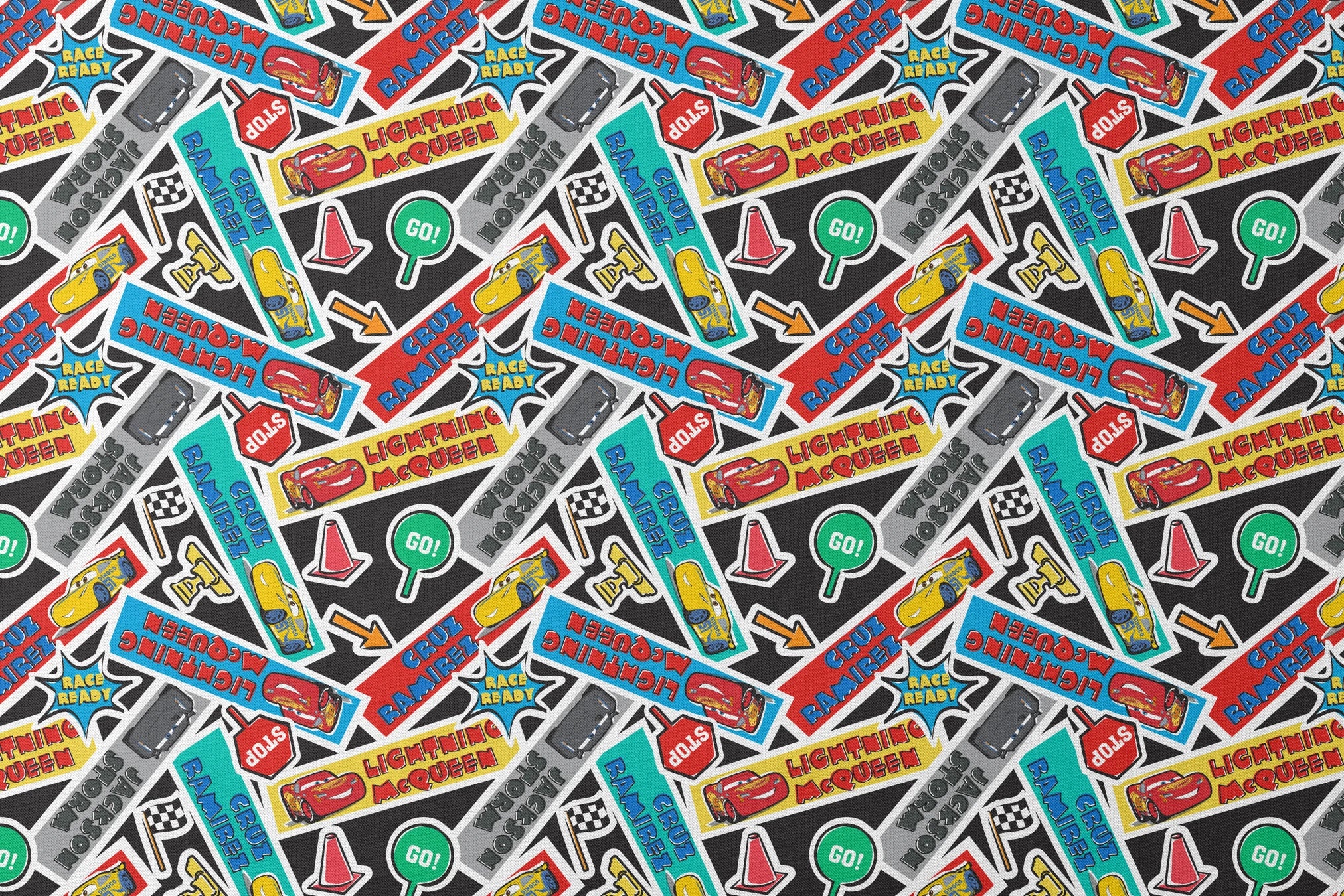 Colorful Cars movie stickers featuring Lightning McQueen, racing themes, and car motifs in vibrant colors. designs flat mockup