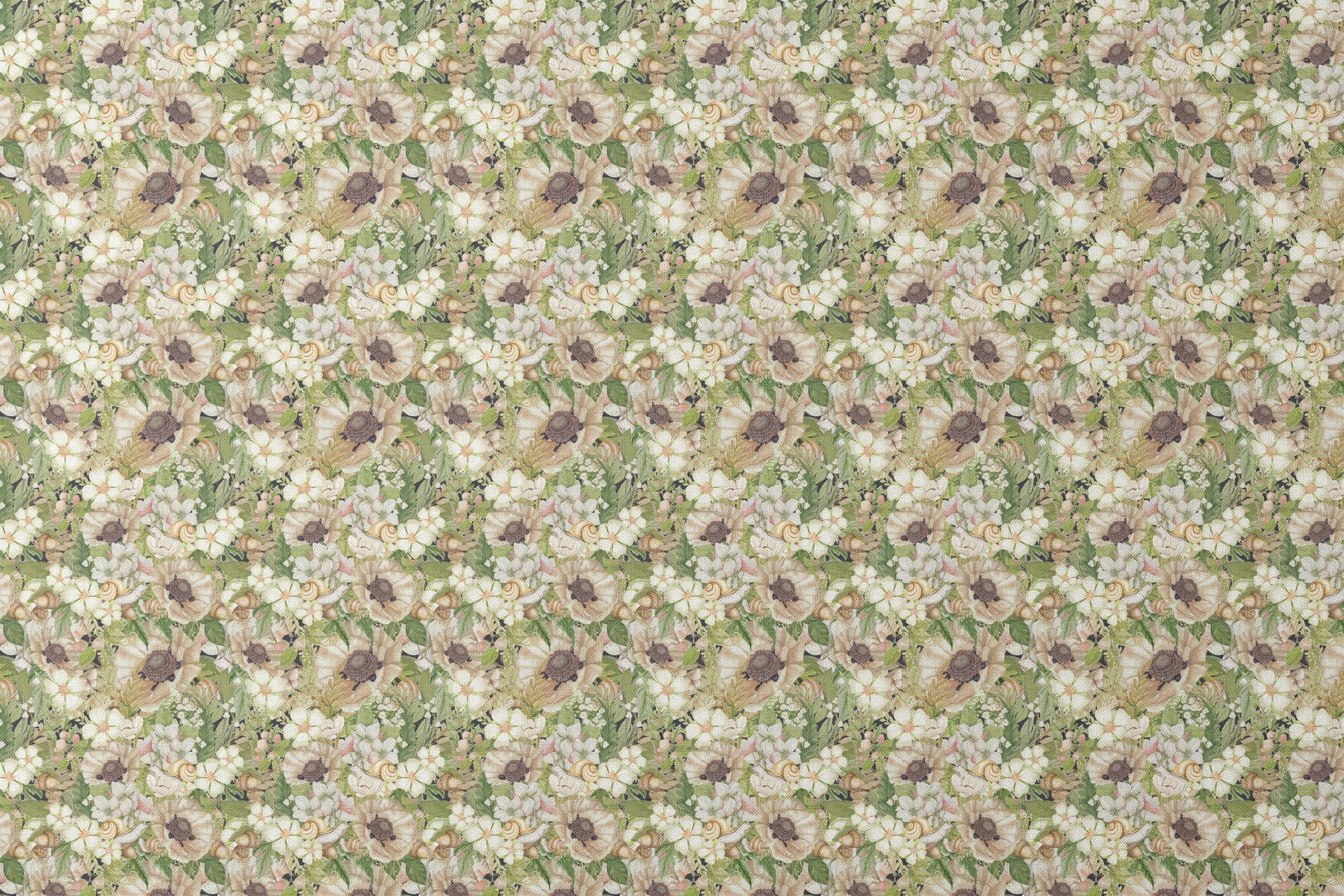 Botanical pattern by Nicole Tamarin featuring cream poppies, snails, acorns, and soft green leaves in an earthy woodland layout. designs flat mockup