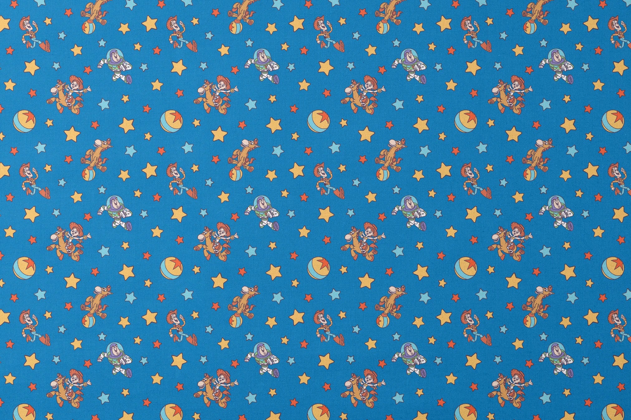 Toy Story characters floating in space pattern with stars on blue background designs flat mockup