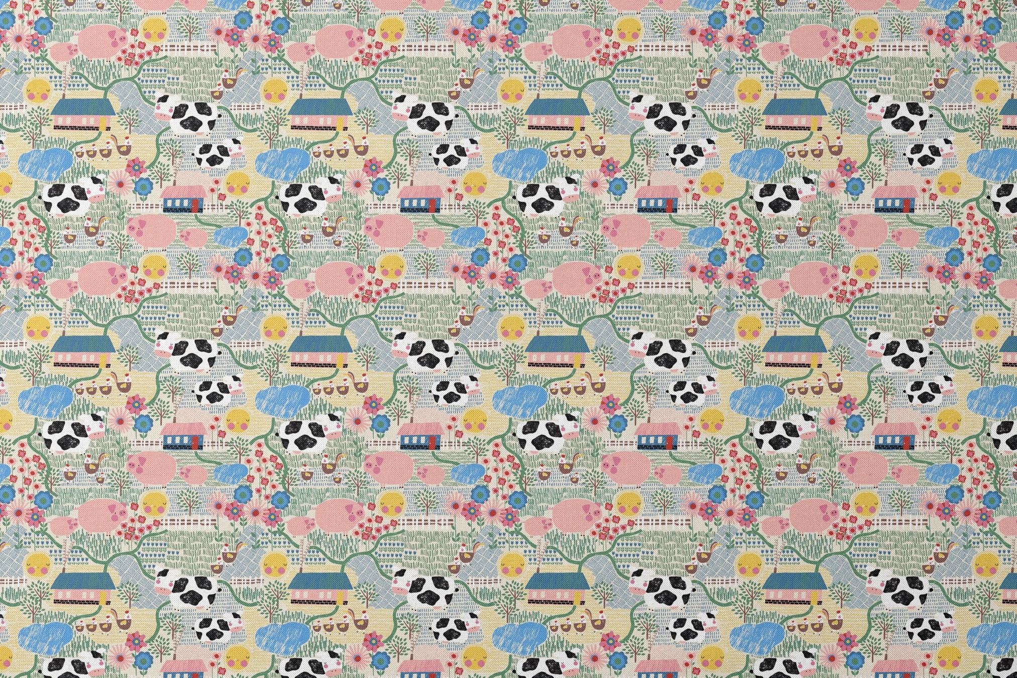 Colorful farm illustration with pink pigs, spotted cows, flowers, and small houses on textured ba... designs flat mockup