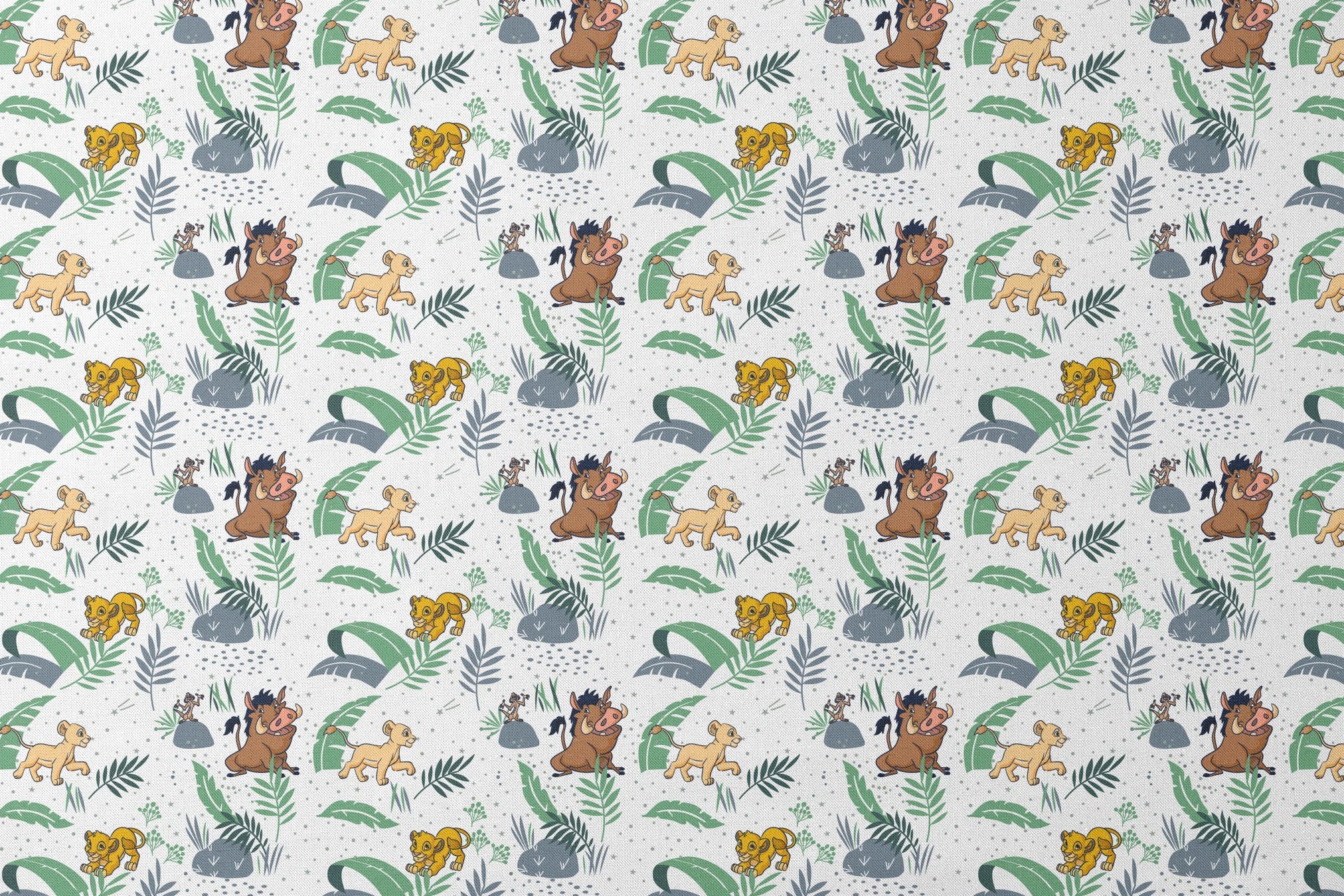 Cartoon lion cubs playing among tropical leaves and plants in green and blue tones on white background designs flat mockup