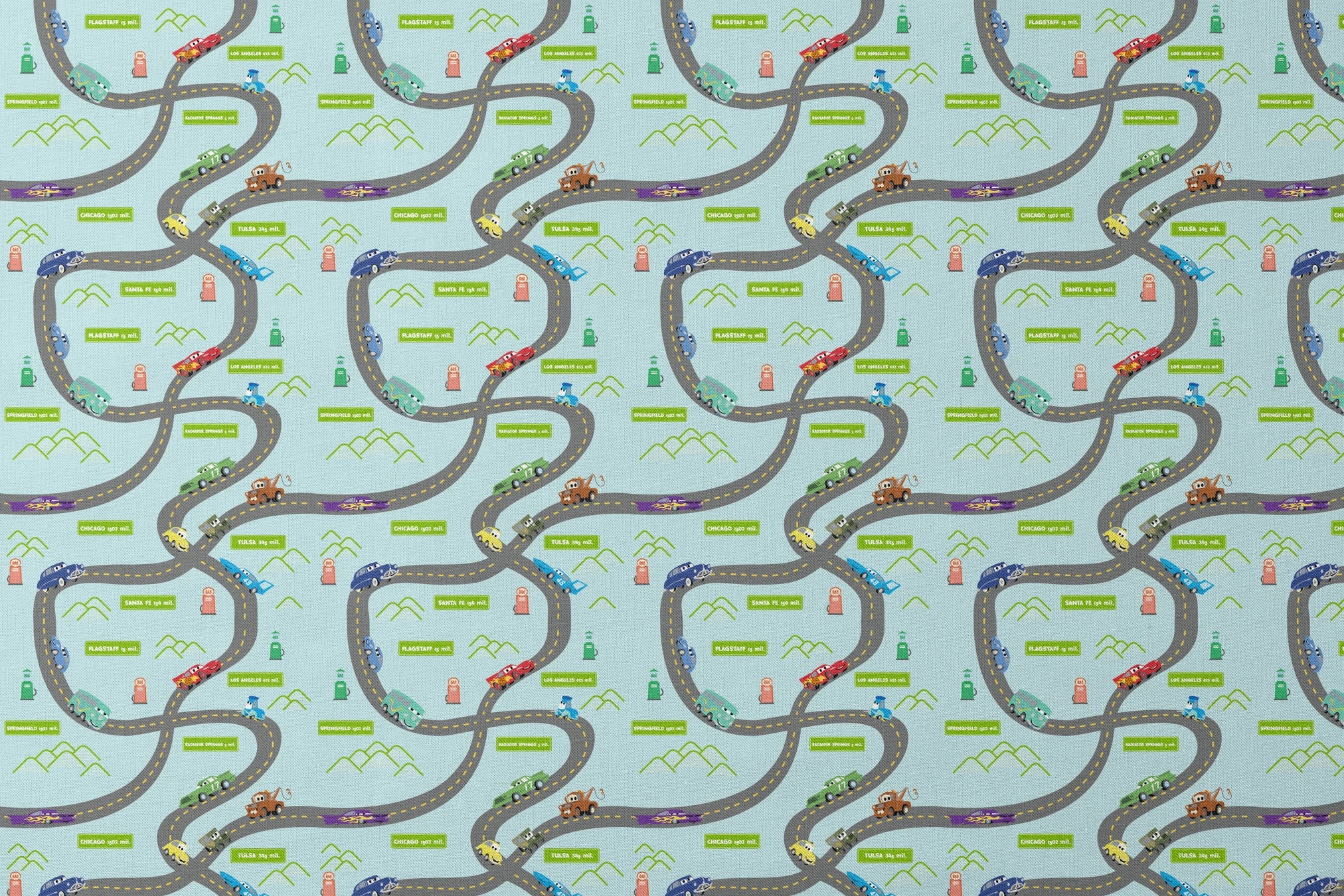 Cars from "Cars" movie on winding road with green speech bubbles showing different car brands and gas stations. designs flat mockup