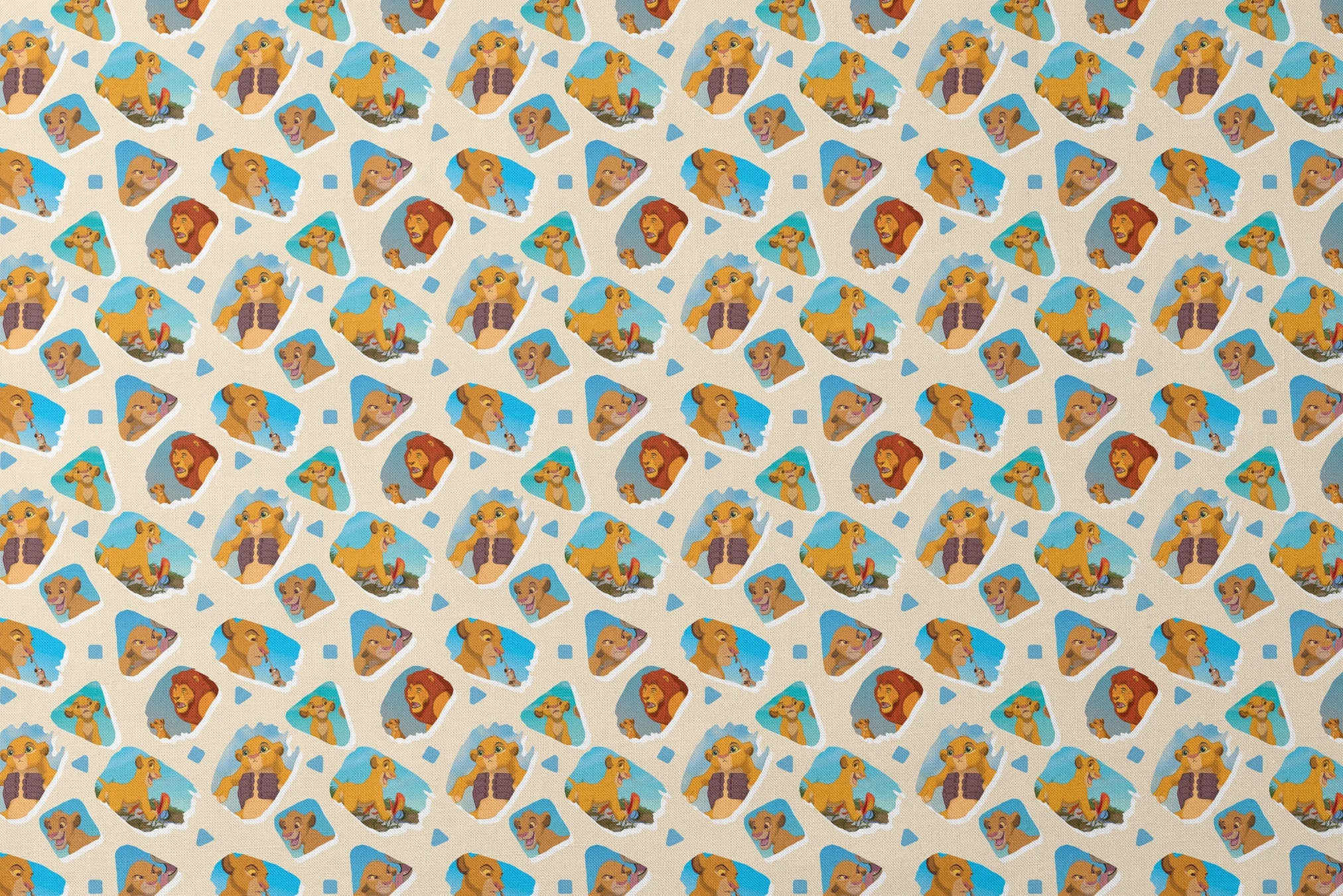 Young lion cub characters from The Lion King in a repeating pattern on cream background designs flat mockup