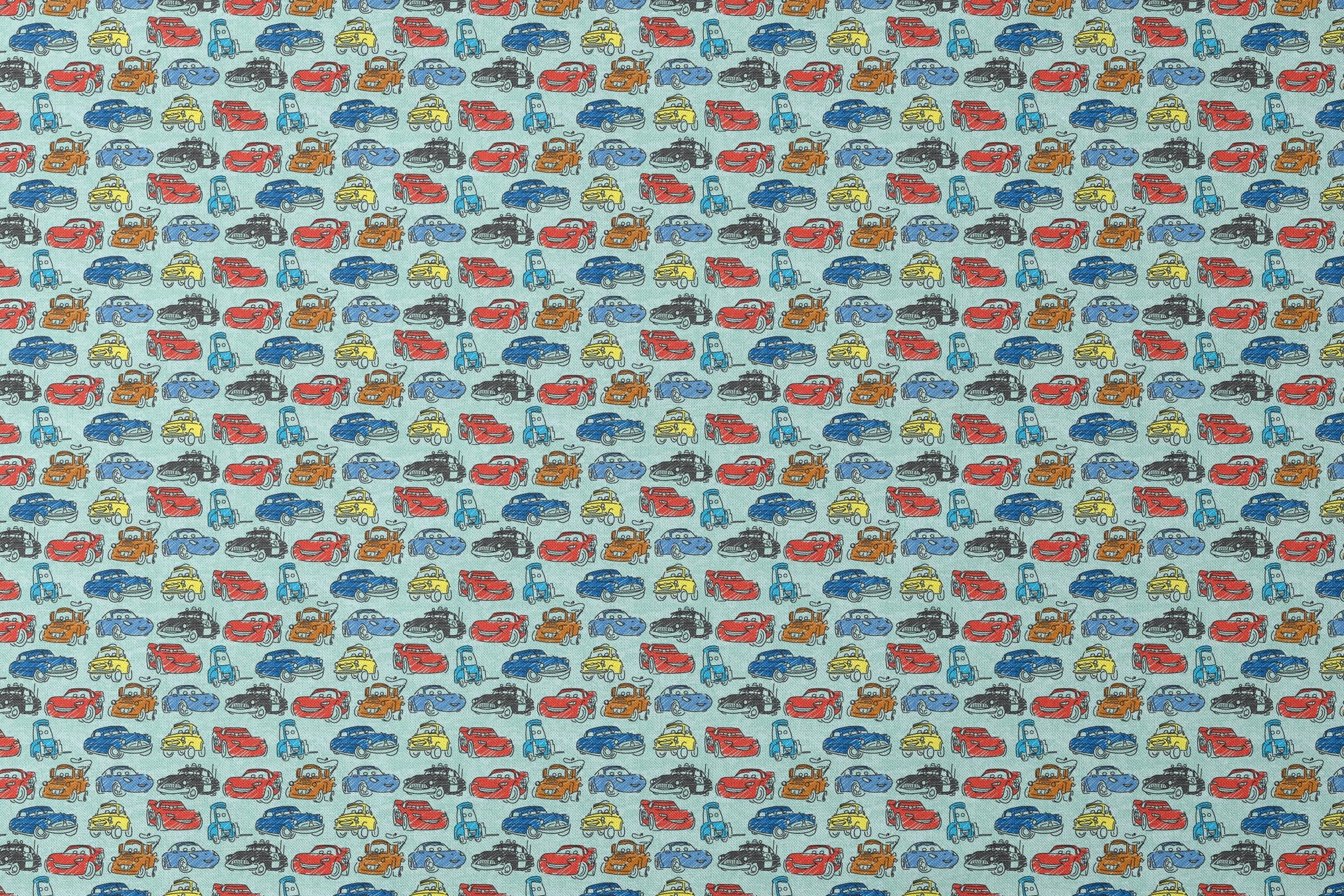 Colorful cartoon cars pattern including red racecars, blue sedans, yellow coupes, and tow trucks on light blue background designs flat mockup