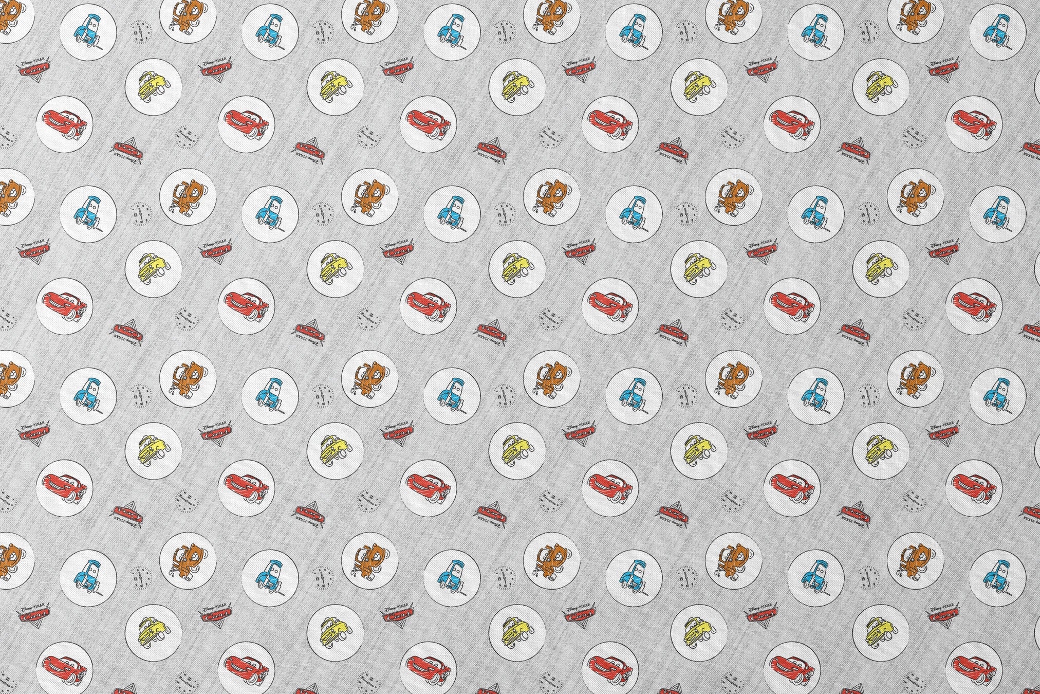 Cartoon Cars movie characters in white circles on a light gray sketched background with Cars logos designs flat mockup