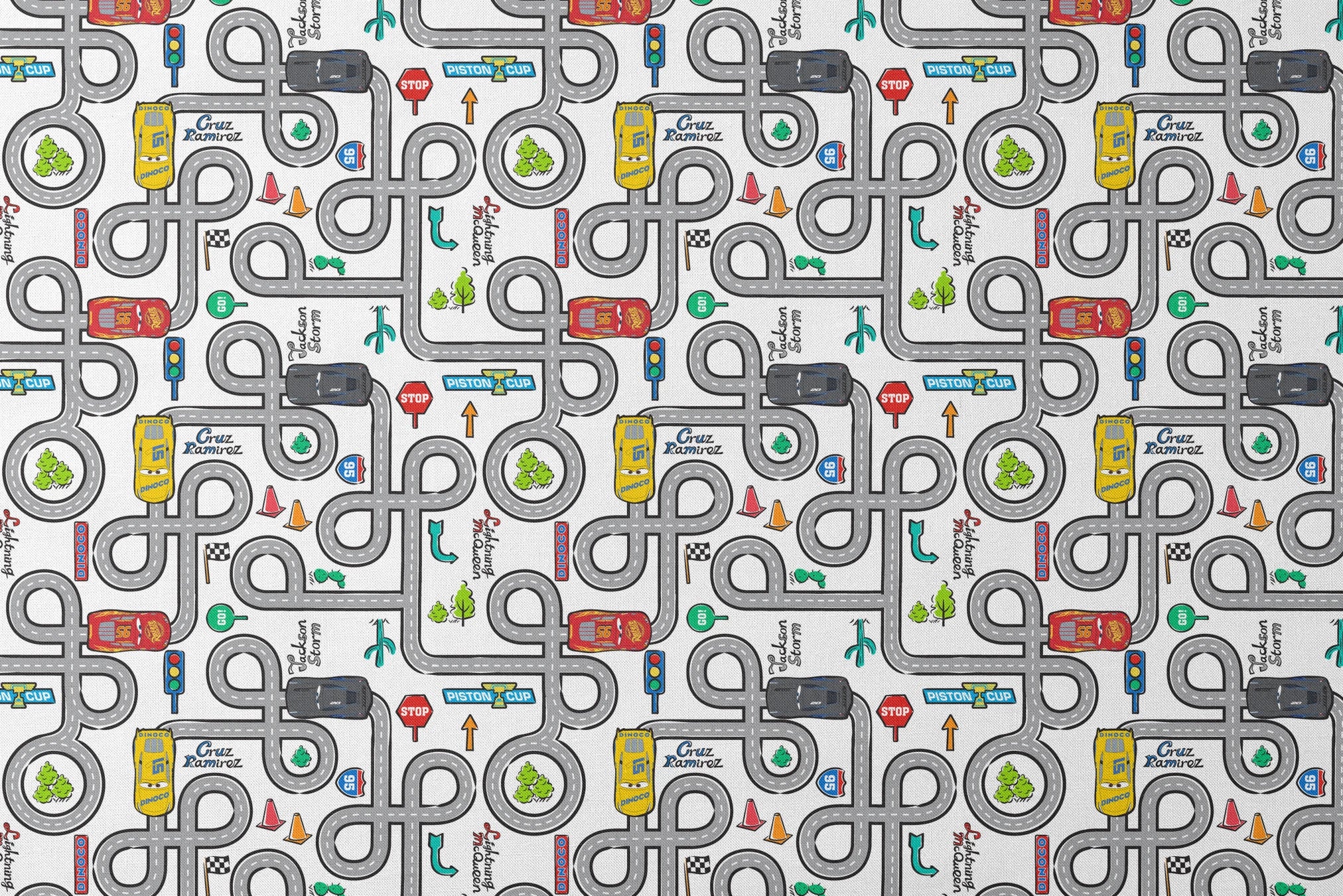 Cartoon road map with cars, traffic signs, and "Cruz Ramirez" label on winding gray streets designs flat mockup