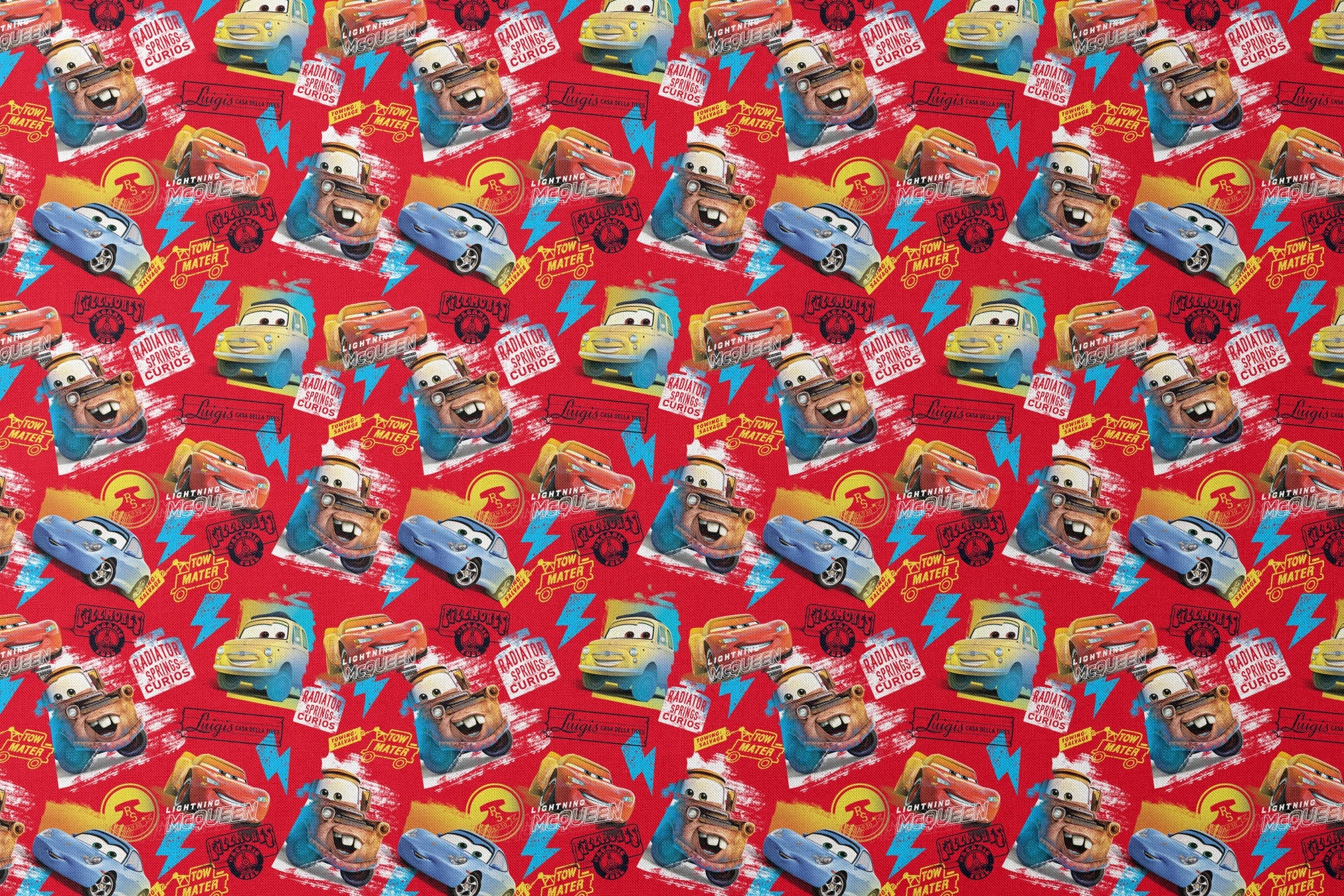 Colorful Cars movie characters pattern featuring Lightning McQueen and Mater on red background with logos designs flat mockup