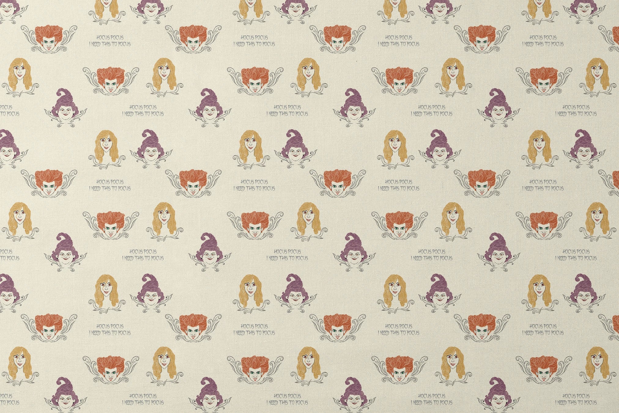Pattern of illustrated magical characters with orange, blonde and purple hair on cream background with "Hocus Pocus" text designs flat mockup