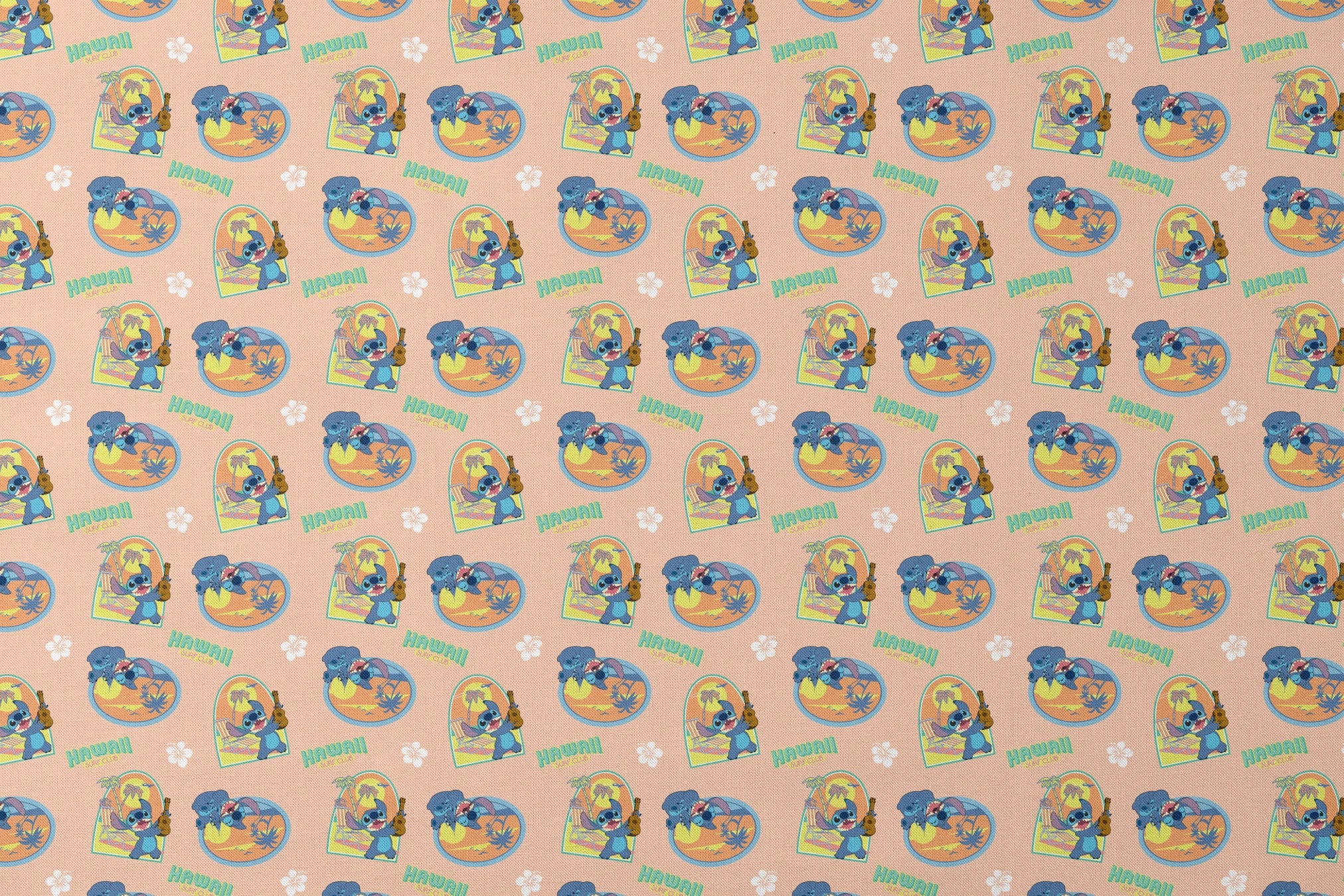 Disney's Stitch character on peach background with Hawaii-themed illustrations featuring surfboards, ukulele, and tropical imagery designs flat mockup
