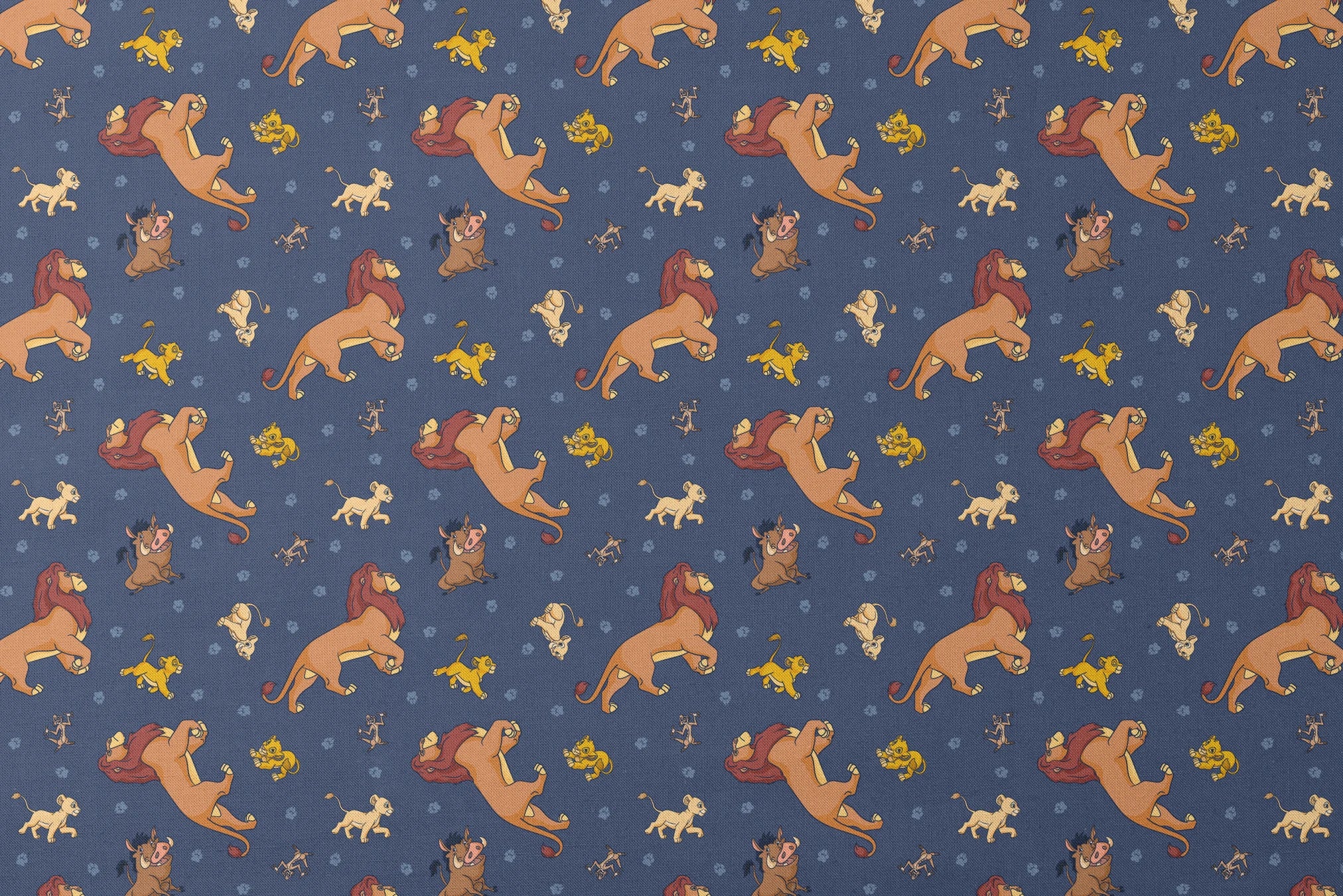 Colorful cartoon lions and characters from The Lion King scattered on dark blue background with paw prints designs flat mockup