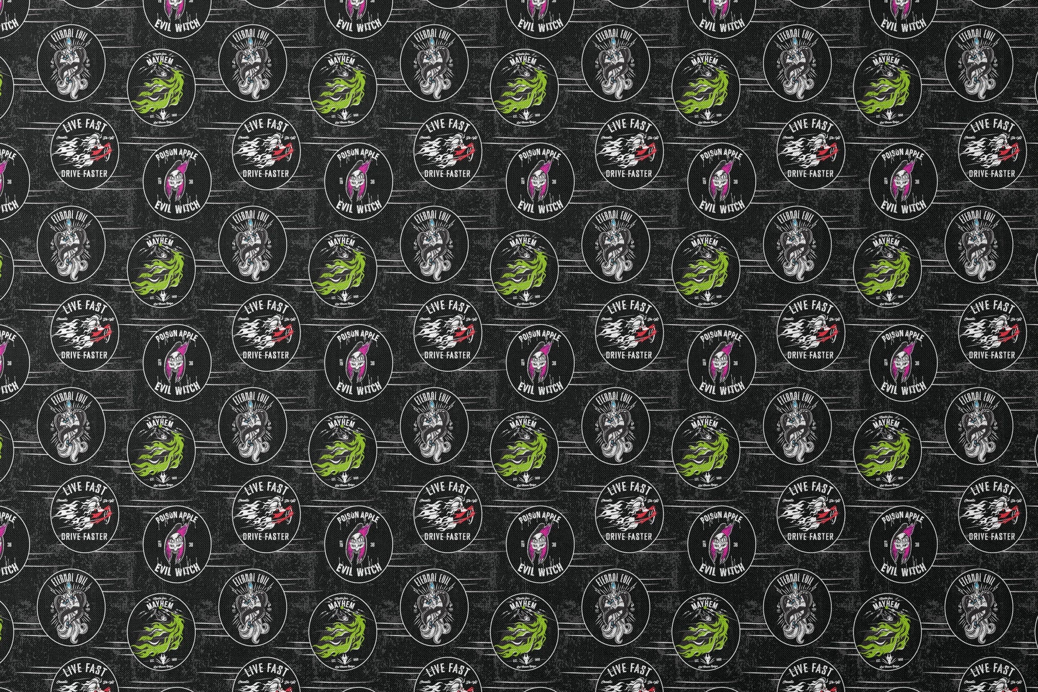 Punk-style Disney Villain circular badges including "Eternal Evil," "Live Fast Drive Faster," and green "Mayhem" designs on black background designs flat mockup