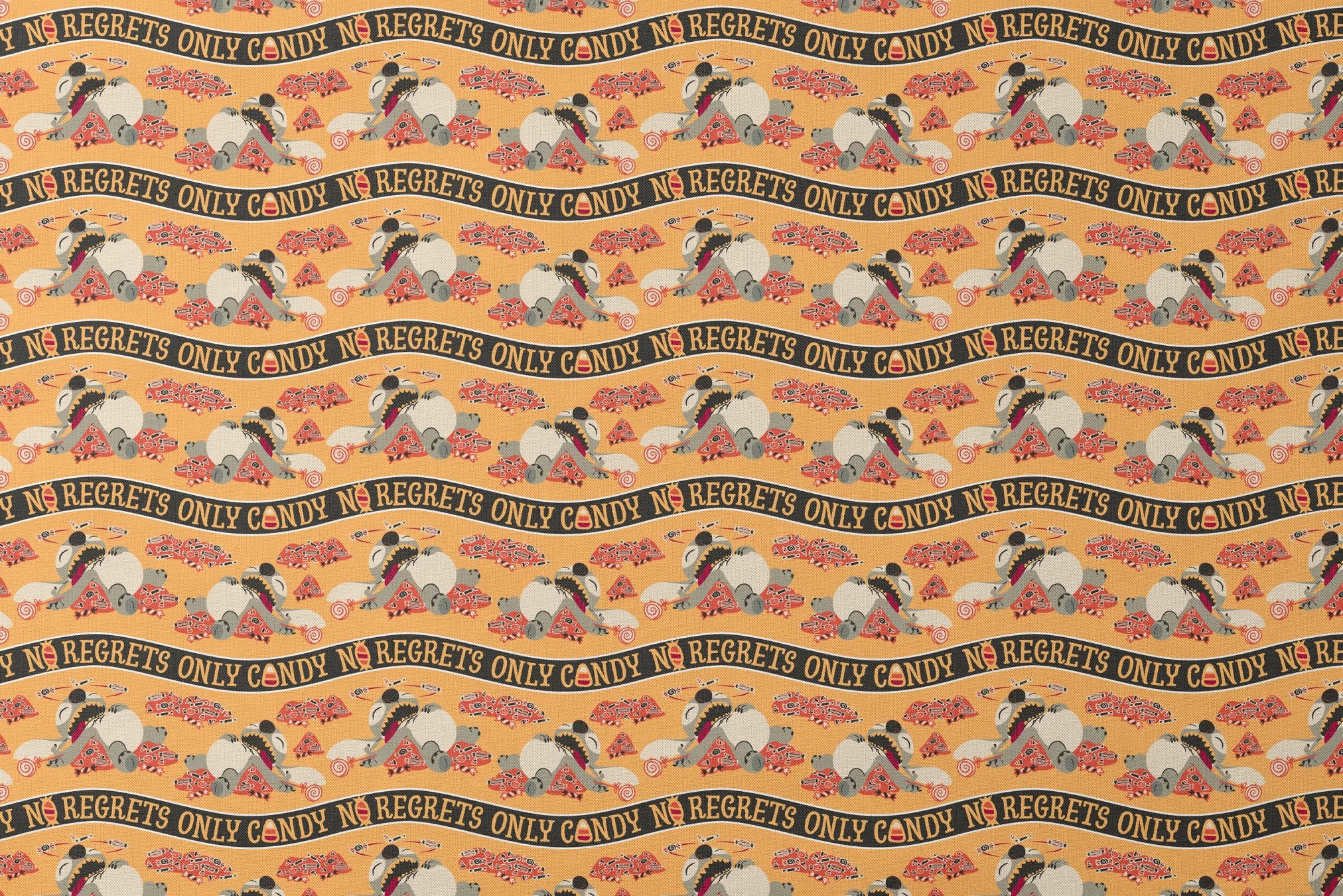 Repeating pattern with "NO REGRETS ONLY CANDY" text, featuring Disney's Stitch and candy corn on orange background. designs flat mockup