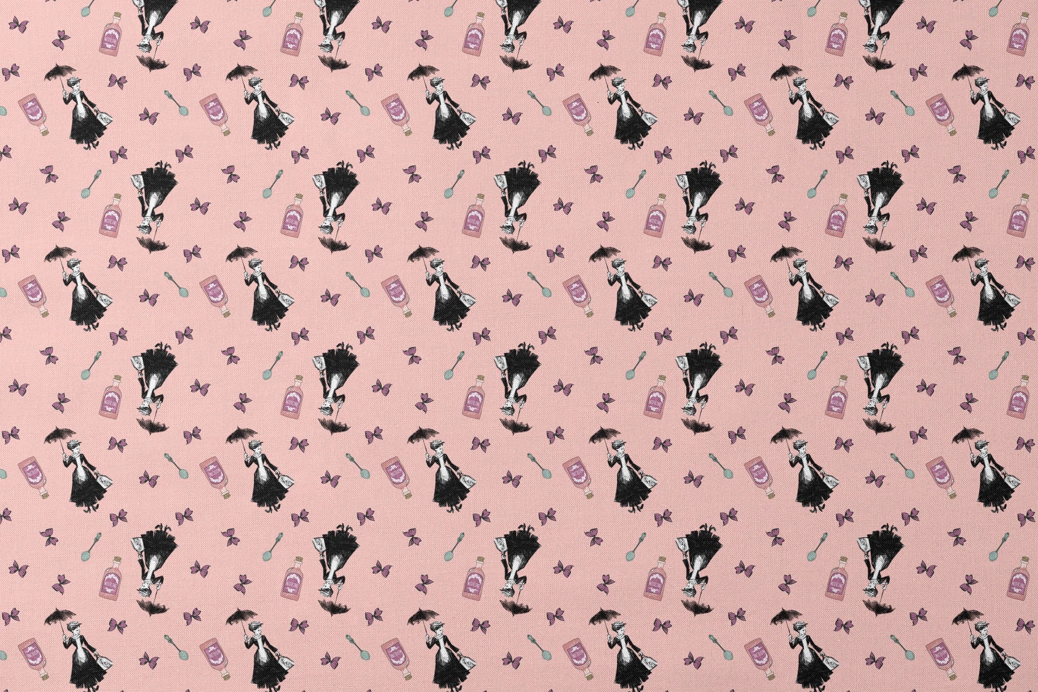 Whimsical illustration on pink background featuring Mary Poppins, purple bottles, and floating bows designs flat mockup