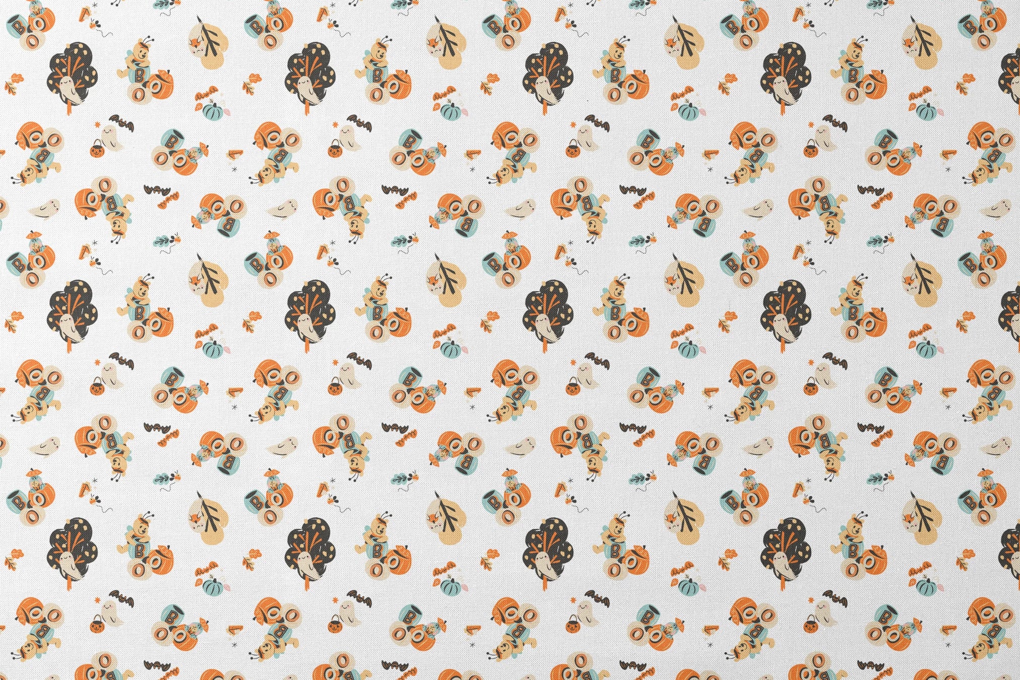 Halloween-themed pattern with Winnie the Pooh characters, pumpkins, and autumn motifs in orange, teal and black on white background. designs flat mockup