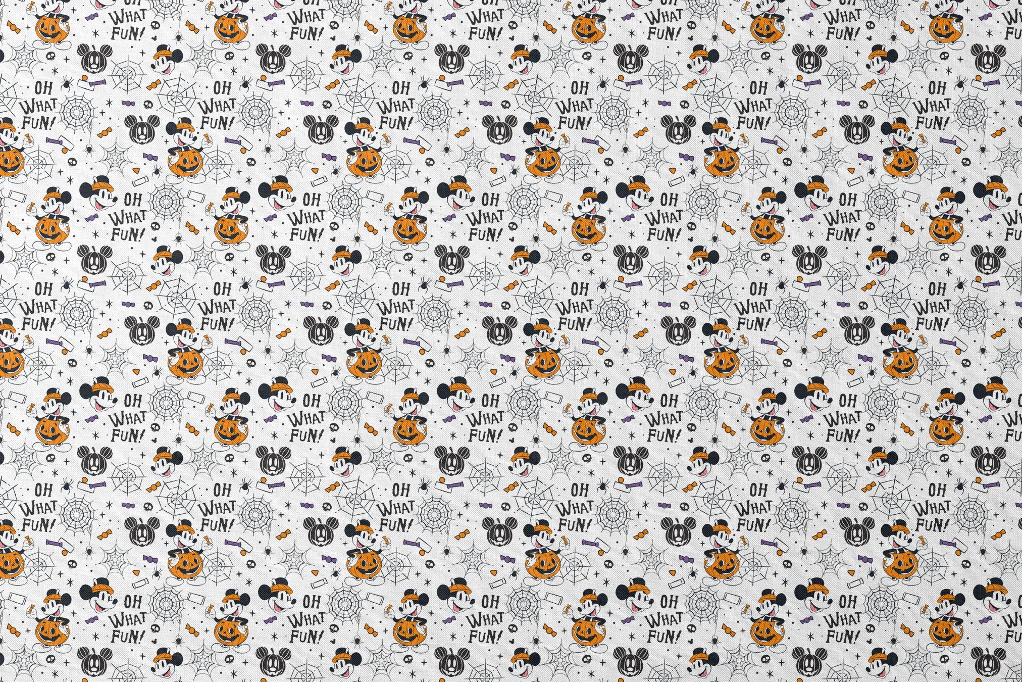 Halloween-themed cartoon pattern with Mickey Mouse characters, pumpkins, spider webs, and "OH WHAT FUN!" text on white background designs flat mockup
