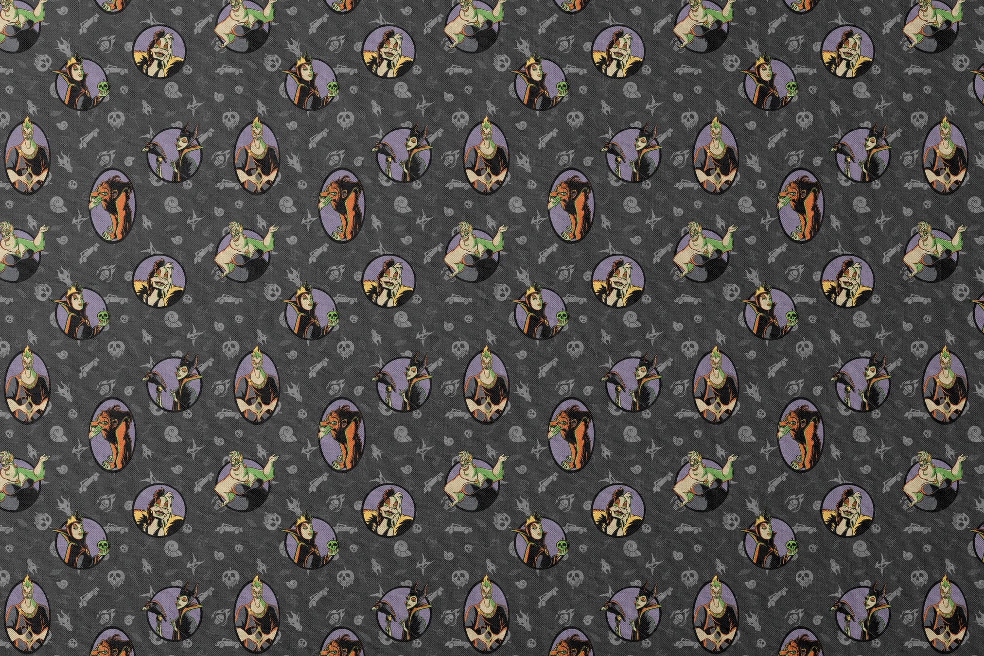 Cartoon Disney villains in purple circles on dark gray background with villain-themed icons designs flat mockup